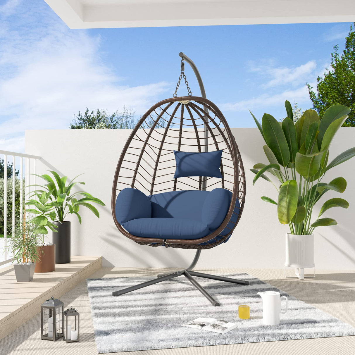 ALAULM Egg Swing Chair Outdoor Indoor Wicker Rattan Hanging Chair with Stand 350lbs Capacity w/Strong Frame & Dark Blue Cushions for Patio Balcony Bedroom ALAULM