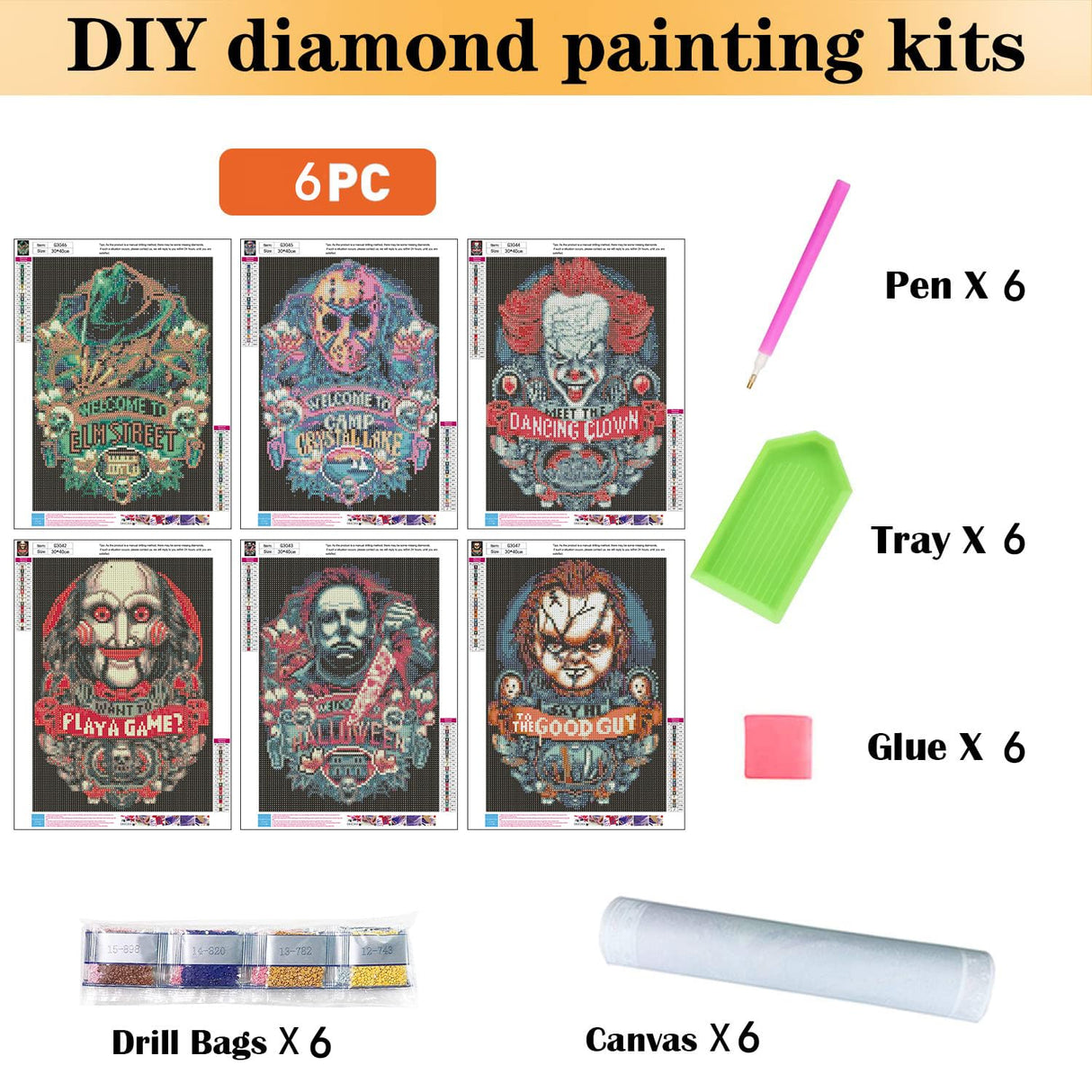 6 Pack Halloween Diamond Painting for Adults - 5D Horror Diamond Art Kits for Adults,Full Drill Diamond Dots DIY Diamonds Pictures Gem Crafts for Home Wall Decor Gifts(11.8x15.7inch) WoodArtSupply