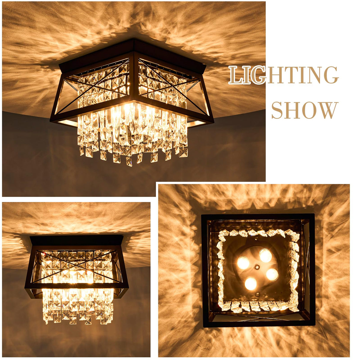 Crystal Flush Mount Ceiling Light, 11.8 inch 4-Light Black Farmhouse Lighting Metal Ceiling Light, Modern Trapezoid Hallway Light Fixtures Ceiling Mount for Bedroom Kitchen Laundry Entryway Foyer Ejerlya