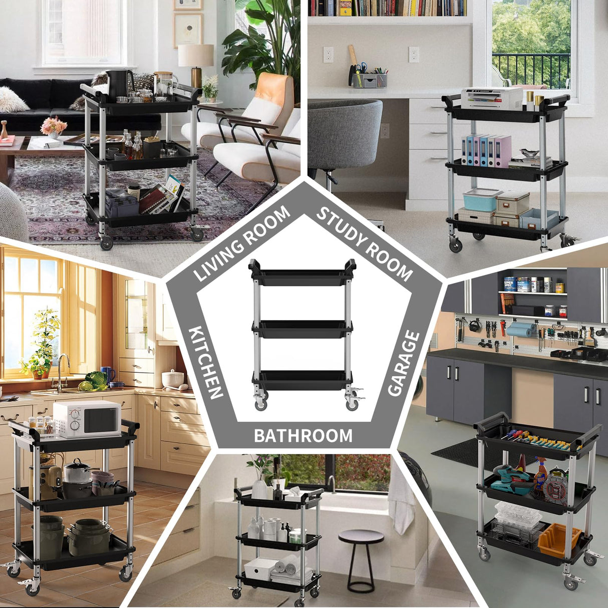 3-Tier Rolling Utility Cart with Wheels, Portable Garage Tool Cart for Warehouse Office Home, Food Utility Service Cart for Restaurant, Kitchen, Office, Plastic Push Cart, 25.6" x 14.6" x 34.3" ONCUPID