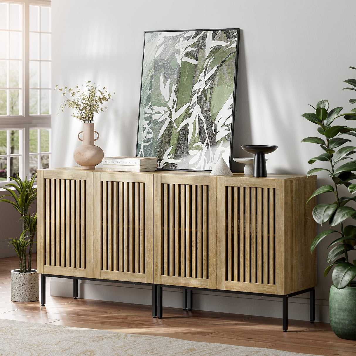 Qufusaty Storage Cabinet, 63" Farmhouse Buffet with Metal Base and Adjustable Shelves, Sideboard Coffee Bar with 4 Doors for Kitchen, Dining Room, Living Room, Oak Qufusaty