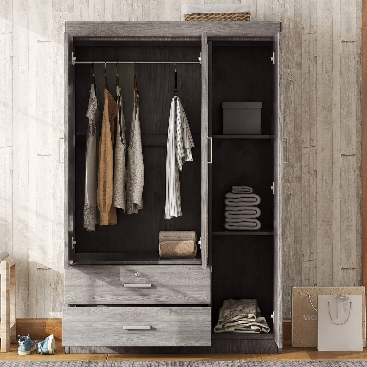 3 Doors Wardrobe Armoire Closet with Mirror, 68.2" H Wooden Freestanding Armoire Wardrobe Closet with Locking Drawers and Shelves, Bedroom Clothes Closets Wardrobes Cabinet with Hanging Rod, Gray cloblane