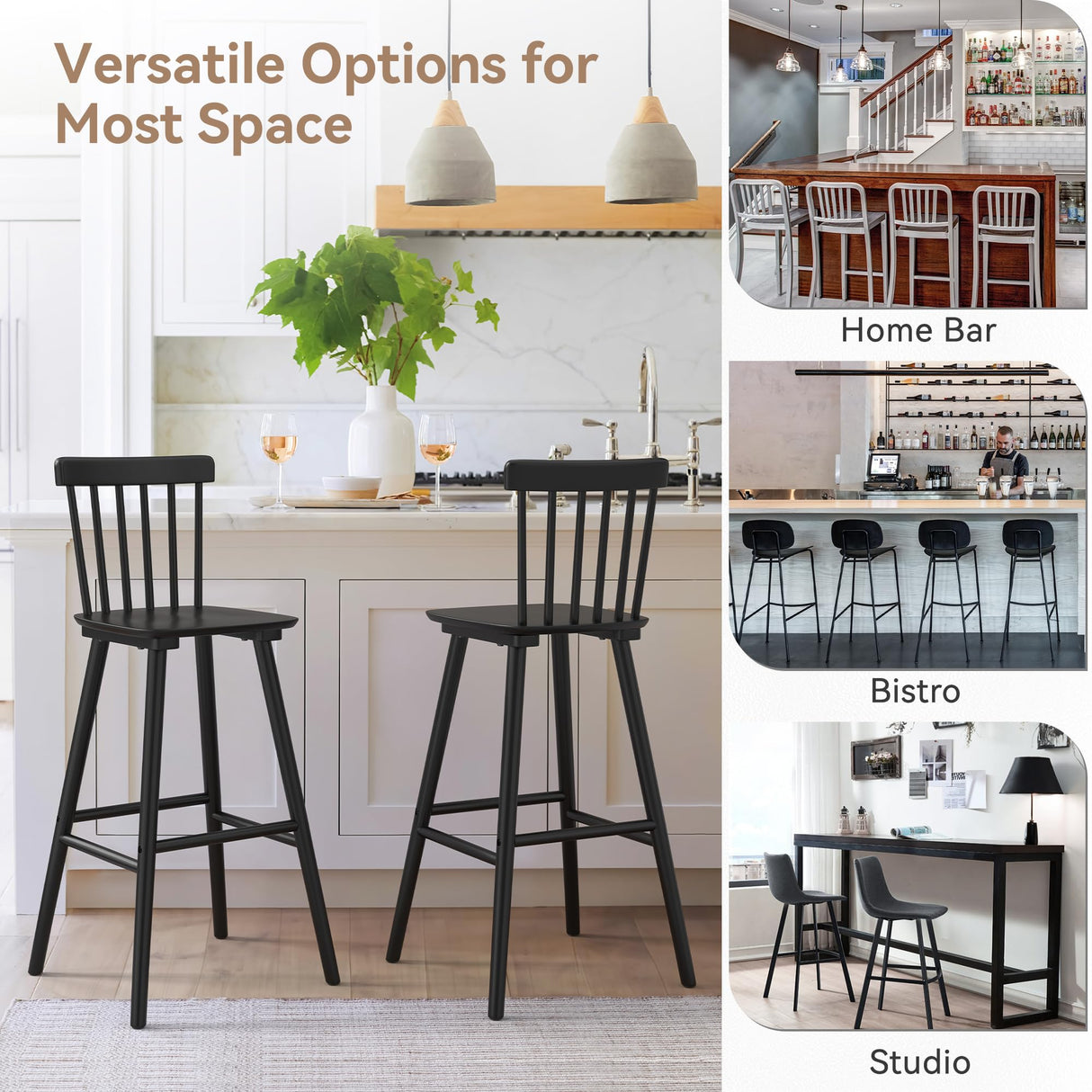 LUE BONA Windsor Wooden Barstools Set of 4 for Kitchen Island, Farmhouse 30 Inch Bar Height Stools Chairs with Spindle Back for Bar Bistro, Black LUE BONA