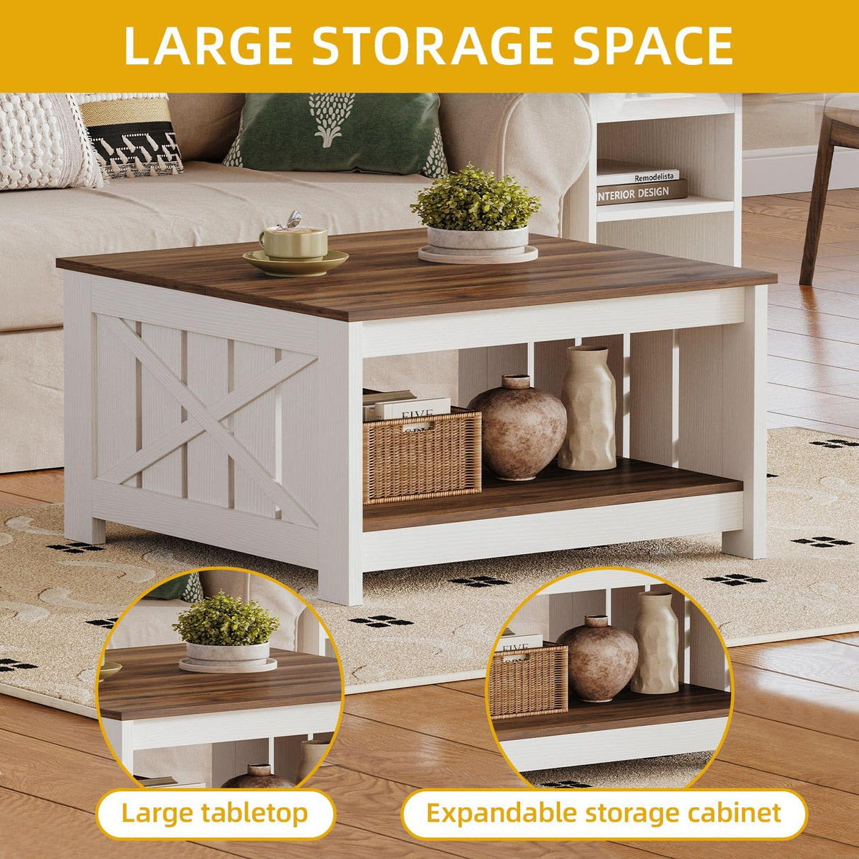 DWVO Farmhouse Coffee Table, Square Coffee Table with Storage, Rustic Wood Cocktail Table, for Living Meeting Room with Half Open Storage Compartment, Brown with White DWVO