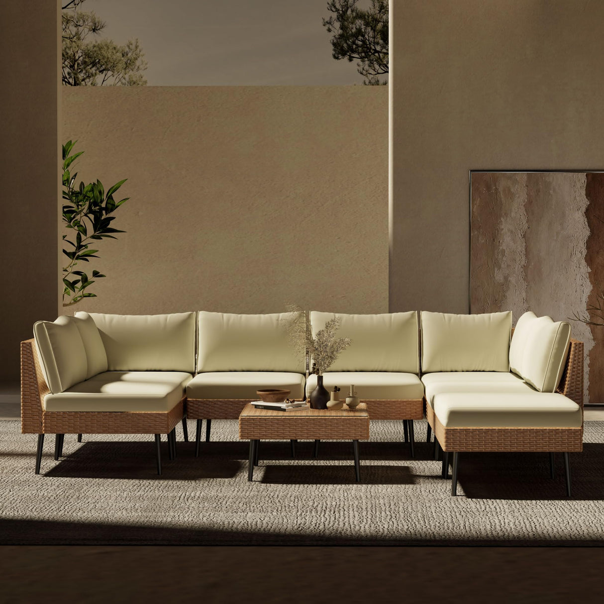 ENSTVER Outdoor Patio Sectional Furniture Set, 8 Piece Wicker Conversation Patio Furniture Wtih Extra Waterproof Cover and Thick Cushions for Garden, Backyard ENSTVER