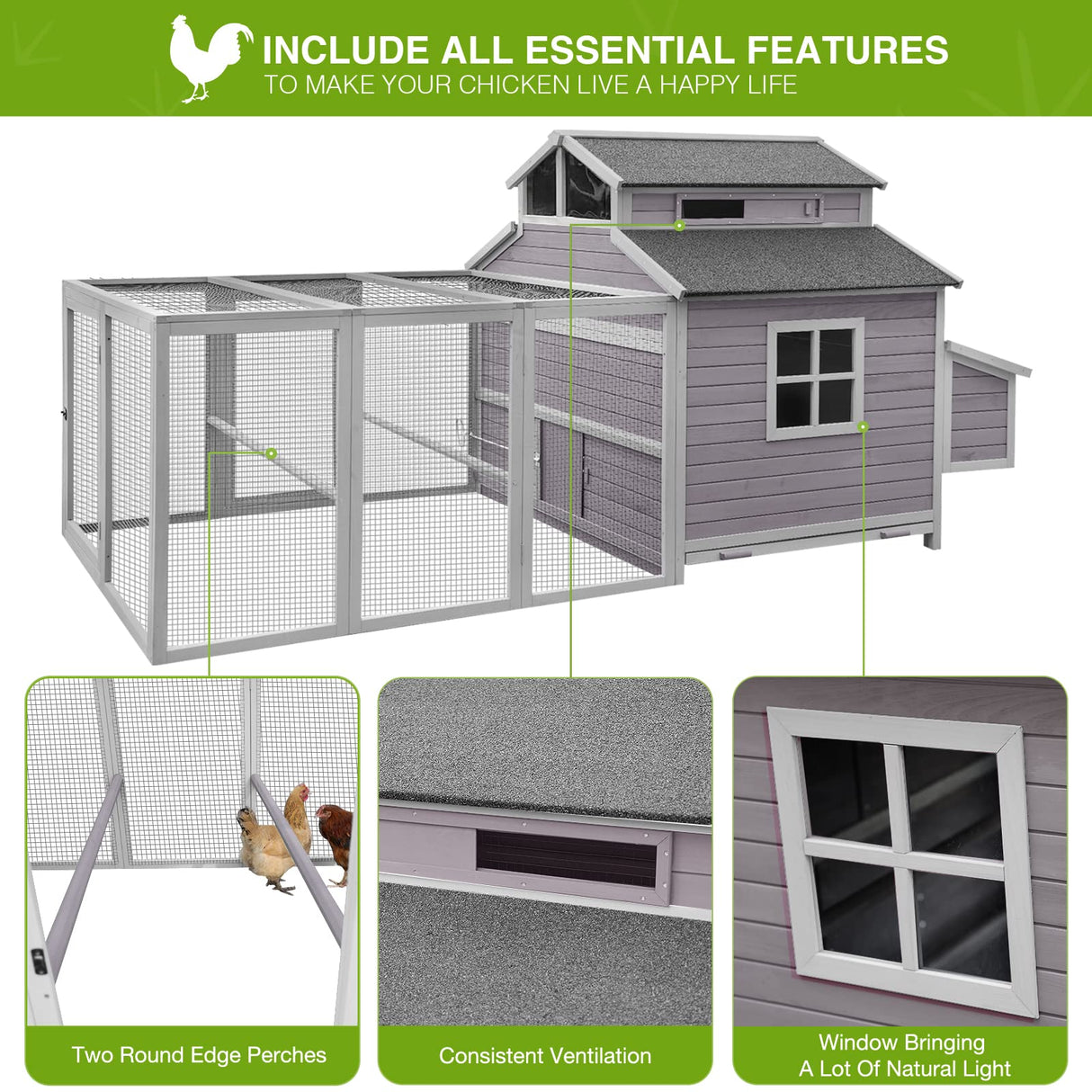 GUTINNEEN Chicken Coop Large Hen House for 8-10 Chickens Wooden Poultry Cage with Run and Nesting Box 115in GUTINNEEN