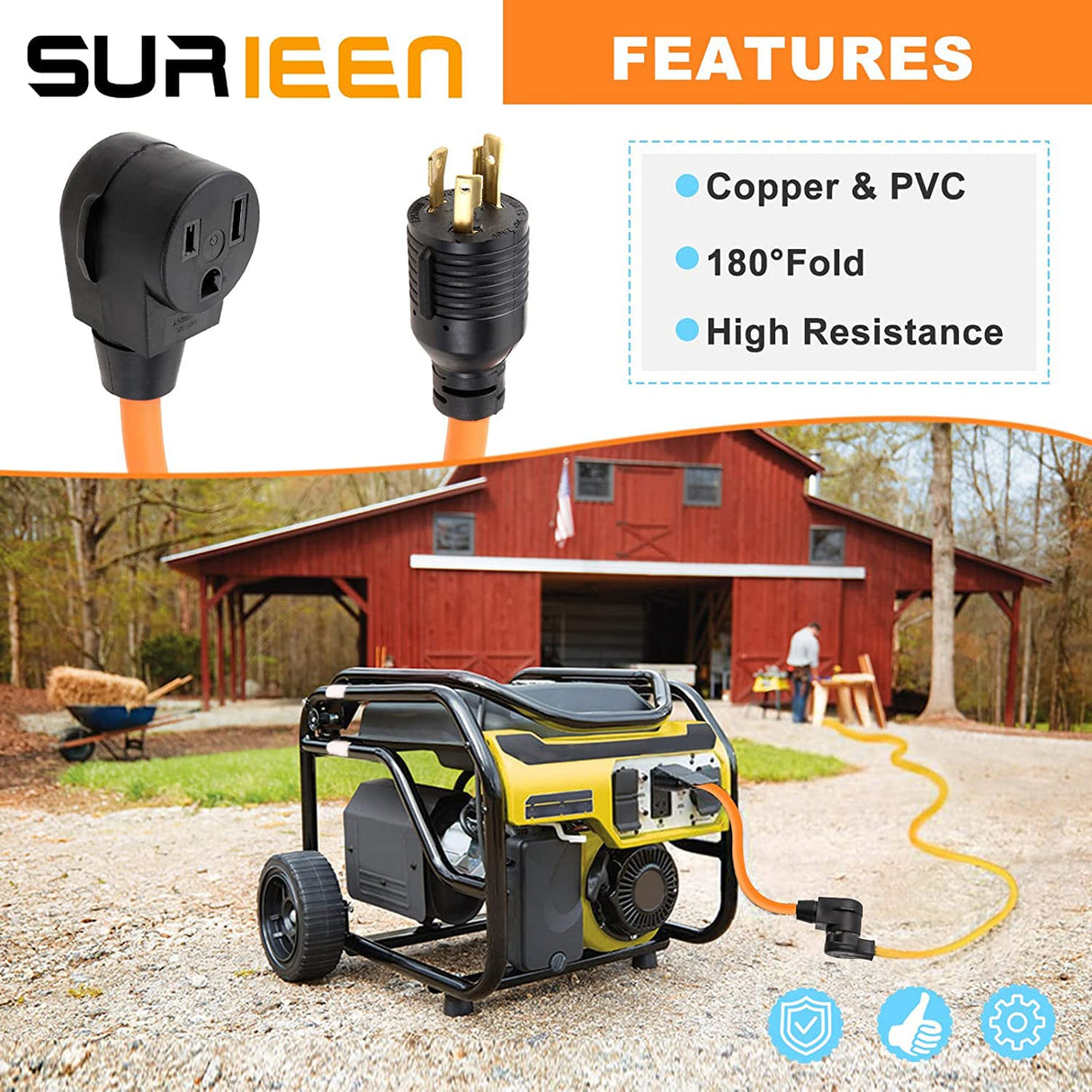 NEMA L6-30P to 6-50R Adaptor Welder Dryer EV Charger Power Cord Adapter Connector, 30Amp to 50Amp Heavy Duty Adapter STW 10AWG 250V 1.5FT SURIEEN