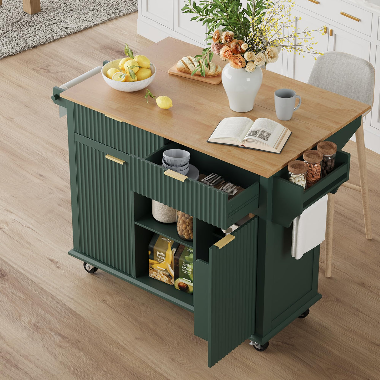 win2win Rolling Kitchen Island with Storage, Portable Kitchen Island with Drop Leaf Breakfast Bar, Modern Farmhouse Kitchens Cart on Wheels with Fluted Design, Towel Rack, Spice Rack, Green win2win