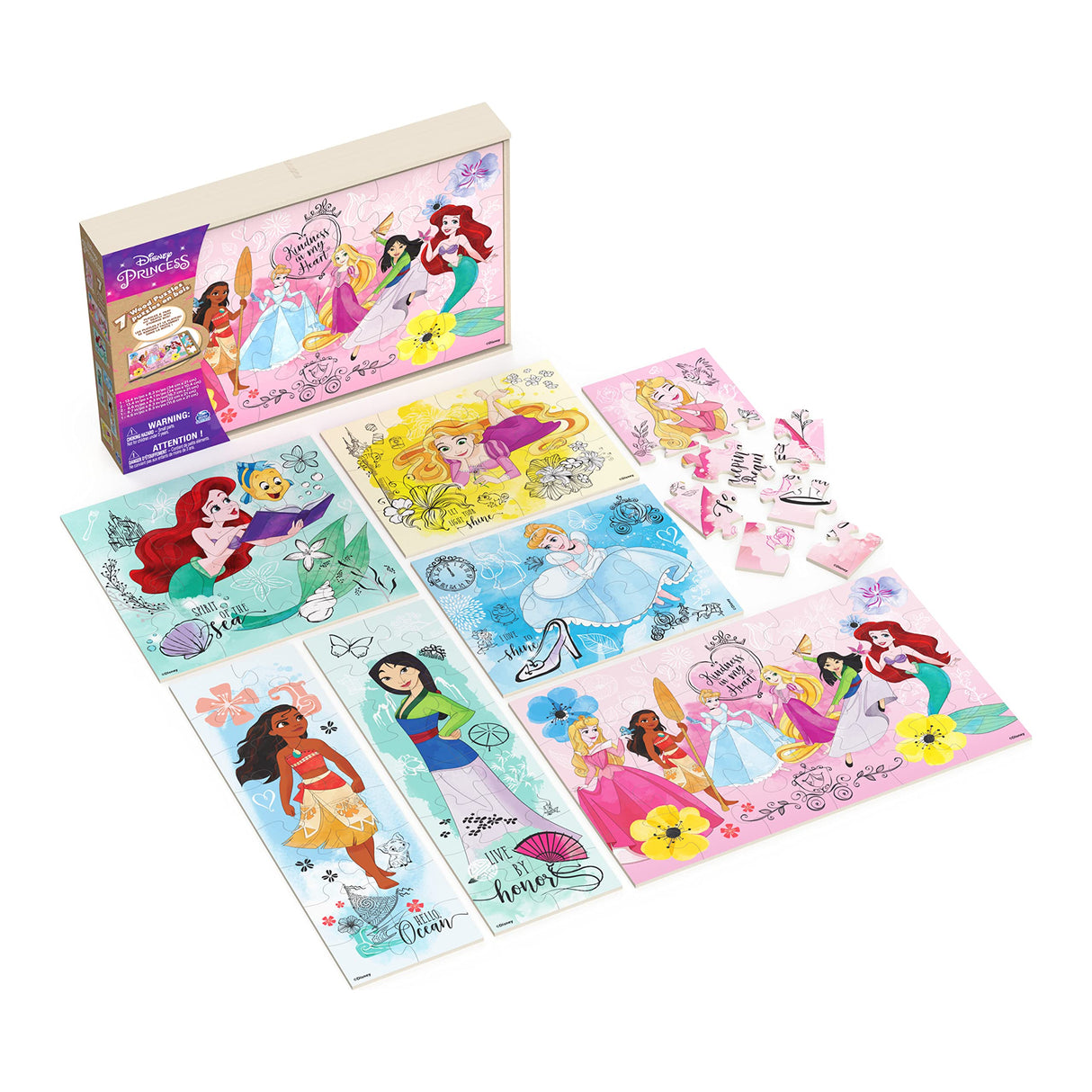 Disney Princess, 7 Wood Puzzles Jigsaw Bundle 12-Piece 16-Piece 24-Piece Ariel Tiana Rapunzel Pocahontas with Storage Tray, for Kids Ages 4 and up Spin Master Games