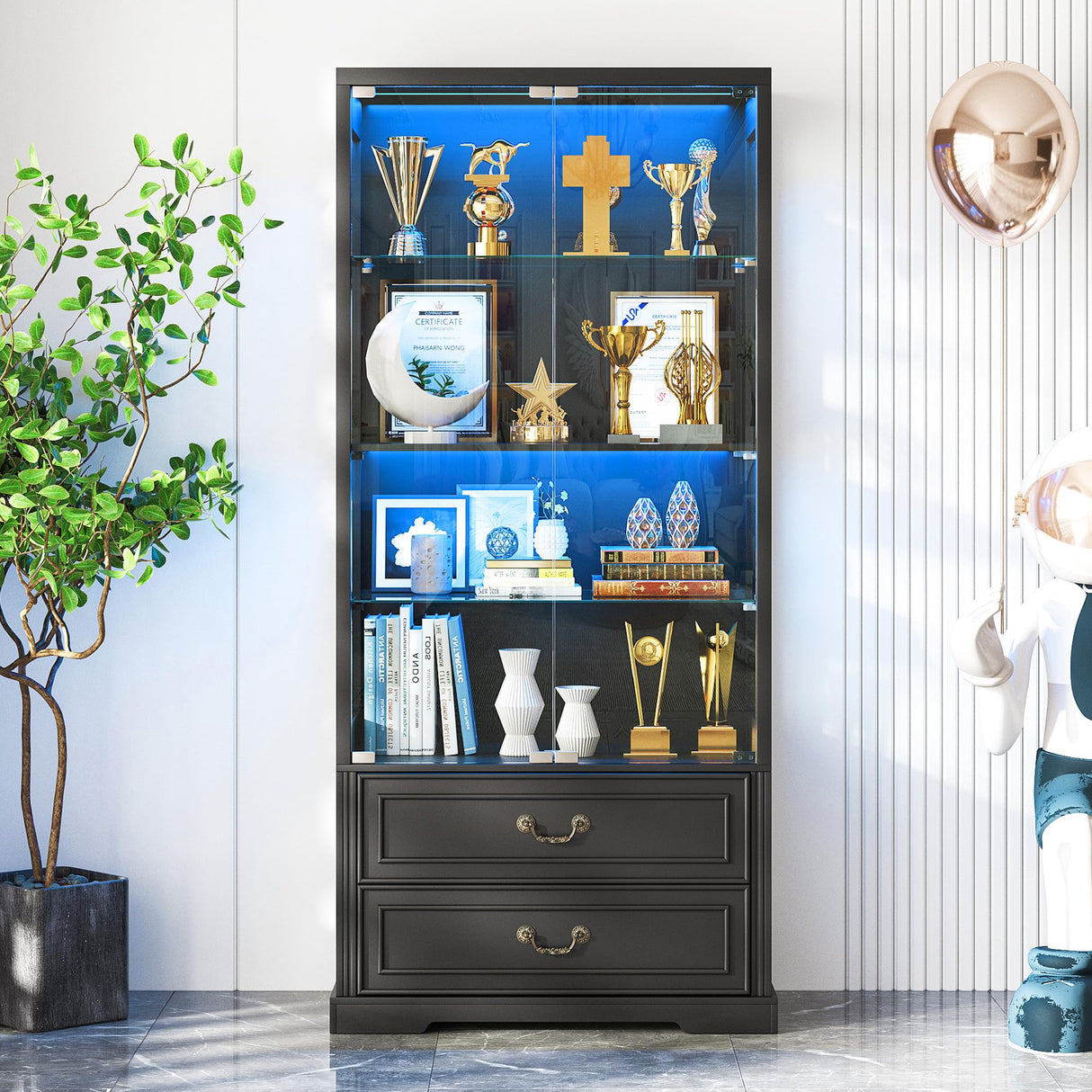 TAGELIER 67" Tall Display Cabinet with Glass Doors and 2 Drawers, Adjustable Glass Height,Curio Cabinet with 3 LED Lights and Human Body Sensor (Black) TAGELIER
