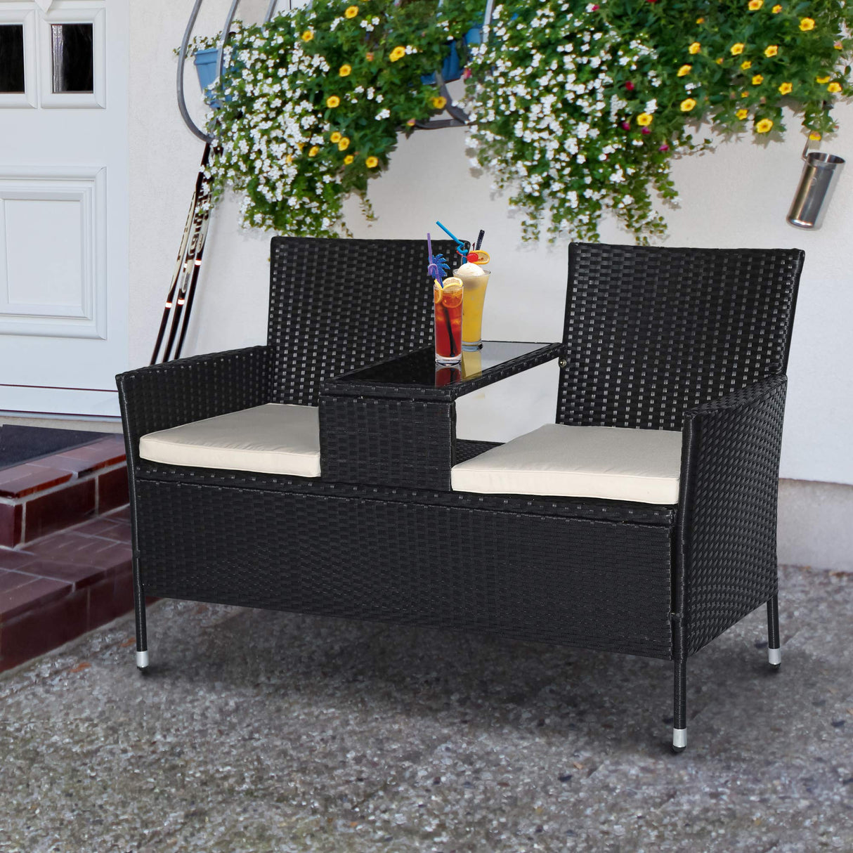 Outsunny Outdoor Patio Loveseat Conversation Furniture Set, Cushions & Built-in Coffee Table, Small 2-in-1 2 Person Seating for Front Porch, Balcony, Black Outsunny