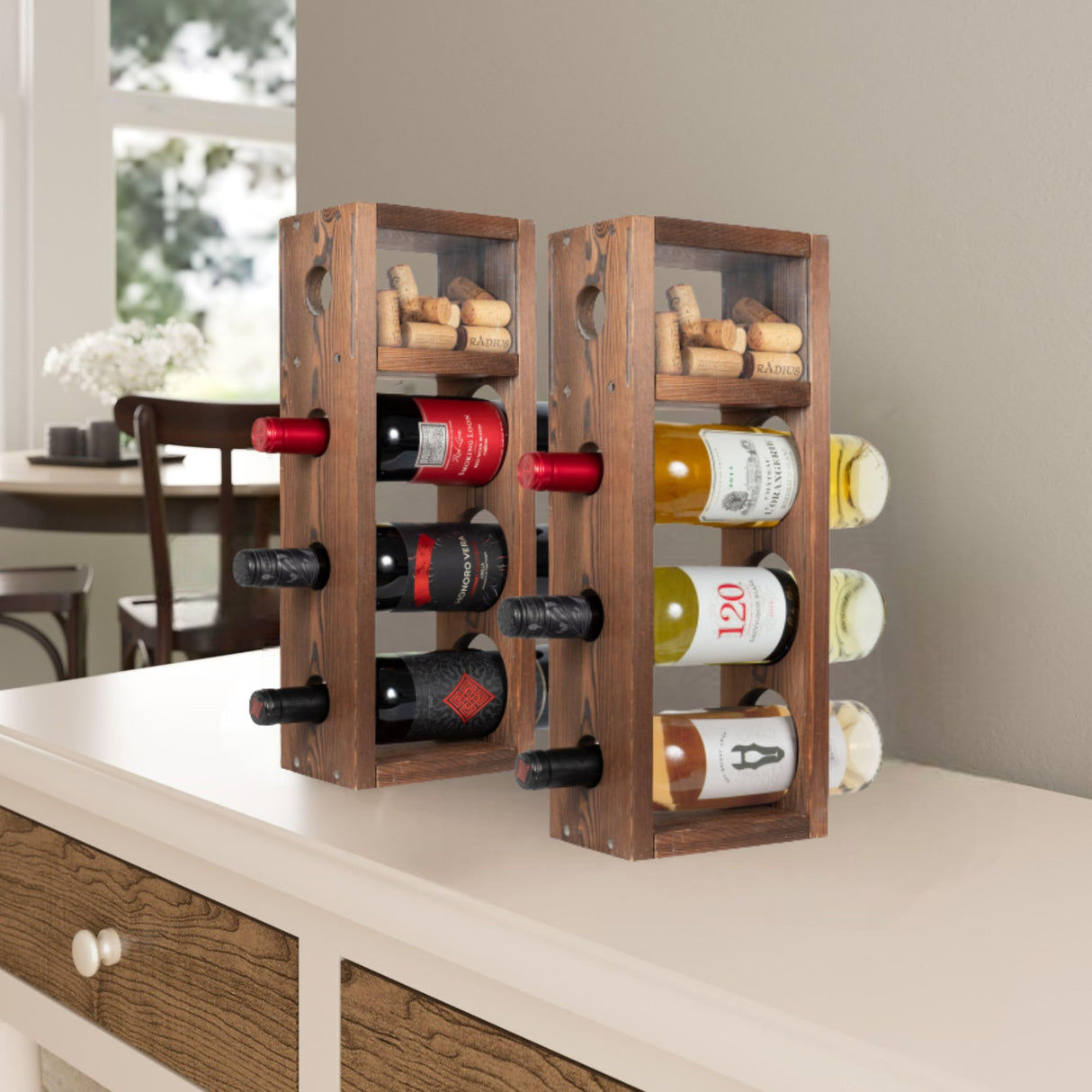 Rustic State Sonoma Countertop Wood Vertical Wine Rack with Cork Storage - Freestanding Tabletop Liquor Holder Shelf Organizer - Holds 3 Bottles - Home Kitchen Dining Room Bar Décor - Burnt Brown Rustic State