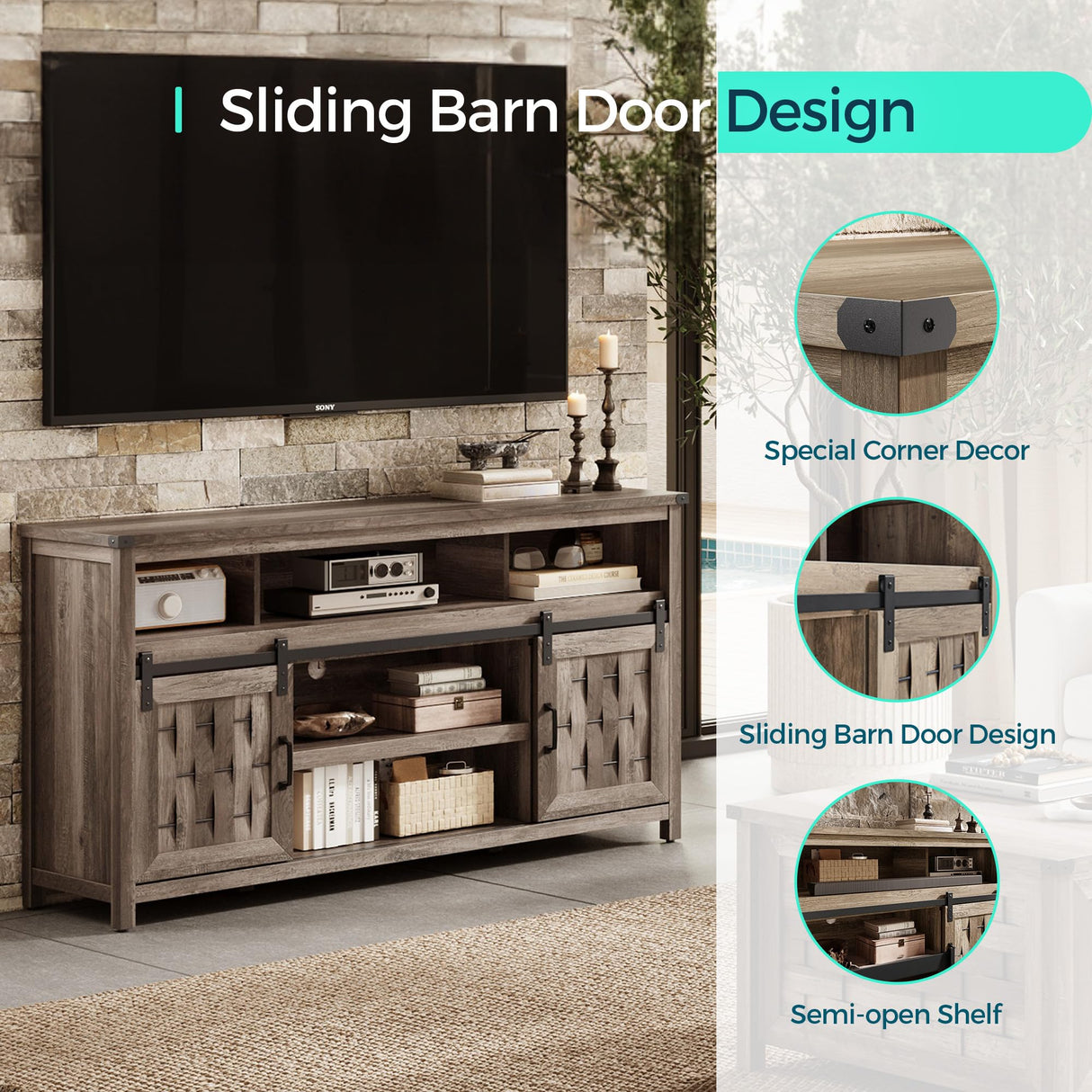 LINSY HOME Farmhouse TV Stand for 65 Inch TV, Tall Highboy Entertainment Center with Sliding Barn Door, Rustic Media Console with Storage Shelves, Wood Television Stand for Living Room, Light Brown LINSY HOME