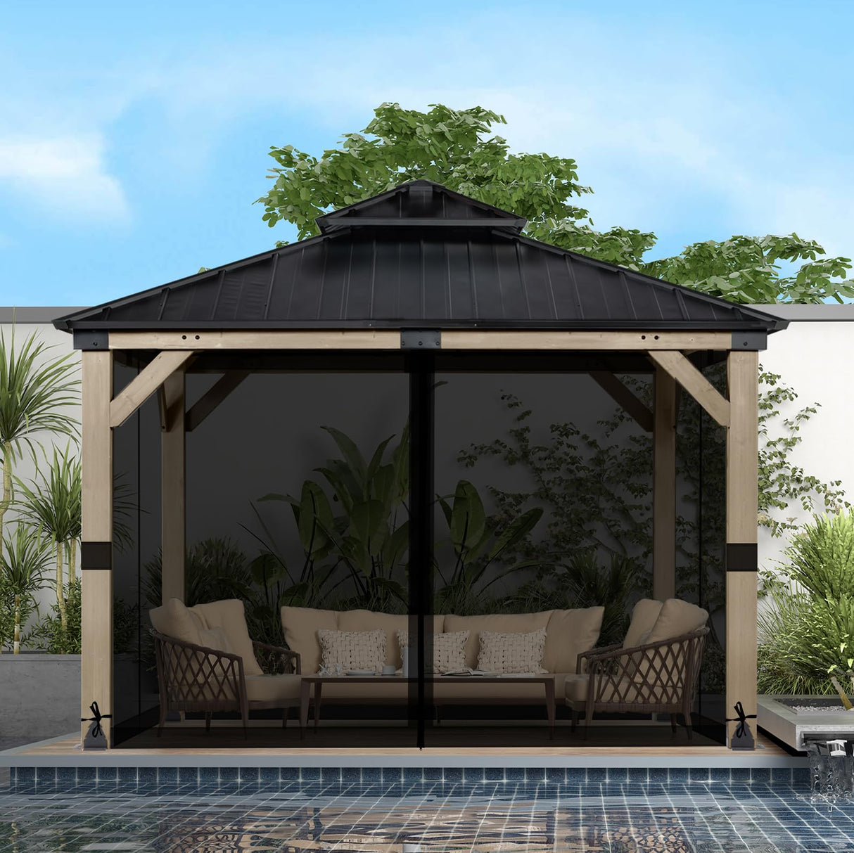 BPS 12' x 12' Gazebo Universal Mosquito Netting Screen Replacement, 4-Panel Screen Walls with Double Zippers for Outdoor Patio, Black (Mosquito Net Only) BPS