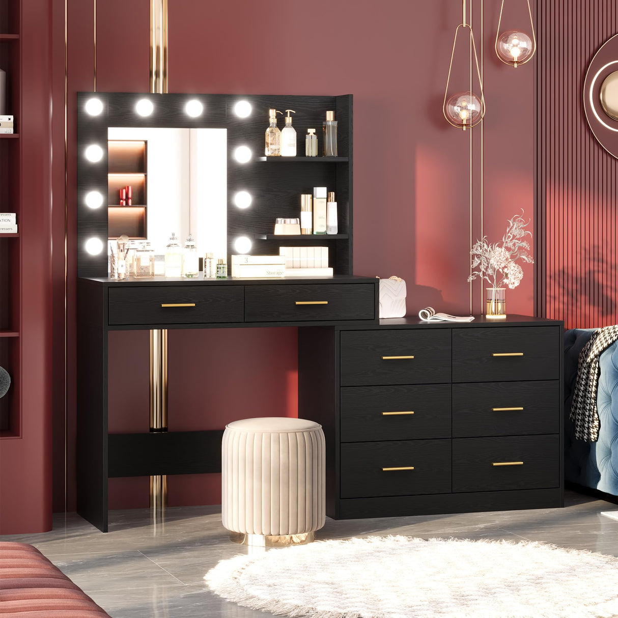 61" Make up Vanity Desk with Mirror and Lights, Black Vanity with 8 Wide Storage Drawers & 2 Tier Shelves, 3 Lighting Modes with Adjustable Brightness, Vanity Desk for Bedroom GarveeHome