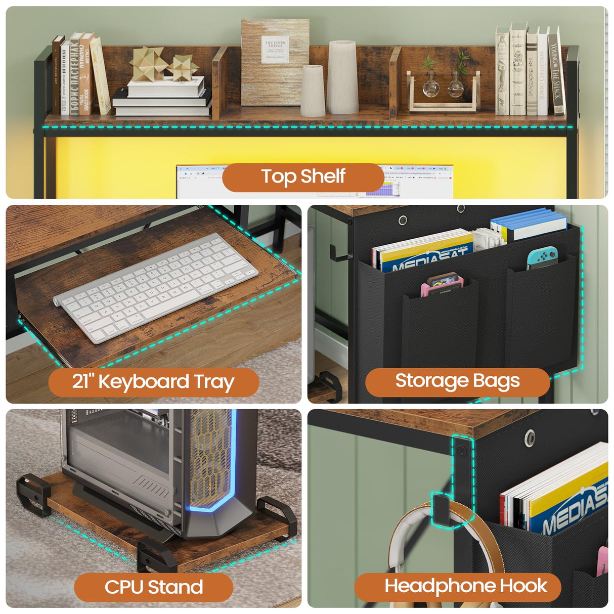 UPOSOJA L Shaped Gaming Desk with Keyboard Tray, Reversible Computer Desk with Power Outlet, Corner Home Office Desks, Mobile File Cabinet Storage Shelves Monitor Stand Drawers (Brown, 67in) UPOSOJA