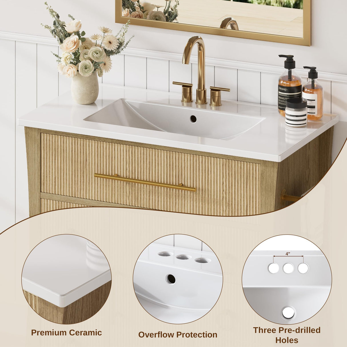 IRONCK 36" Bathroom Vanity with Sink, Freestanding Bathroom Sink Cabinet with 4 Drawers & 1 Flip-Down Drawer, Wood Grain Texture, Metal Handle, Farmhouse IRONCK