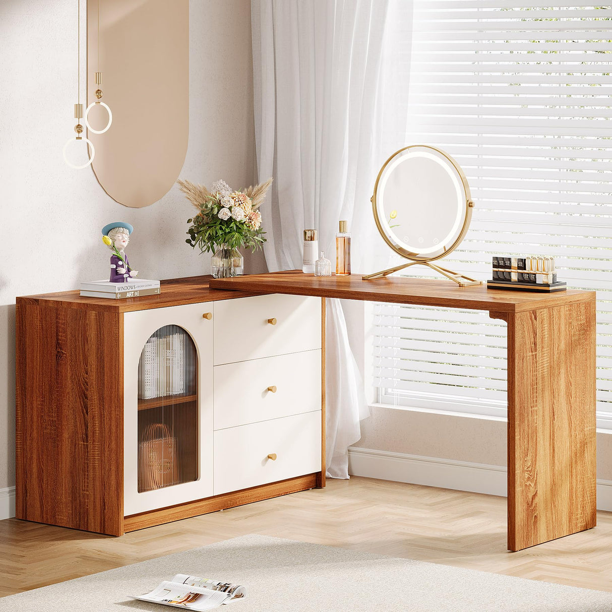 Tribesigns Modern Makeup Vanity, Retractable Large Vanity Desk with 3 Drawers and Cabinet, Makeup Corner Dressing Table for Bedroom, Walnut and White (Without Mirror) Tribesigns