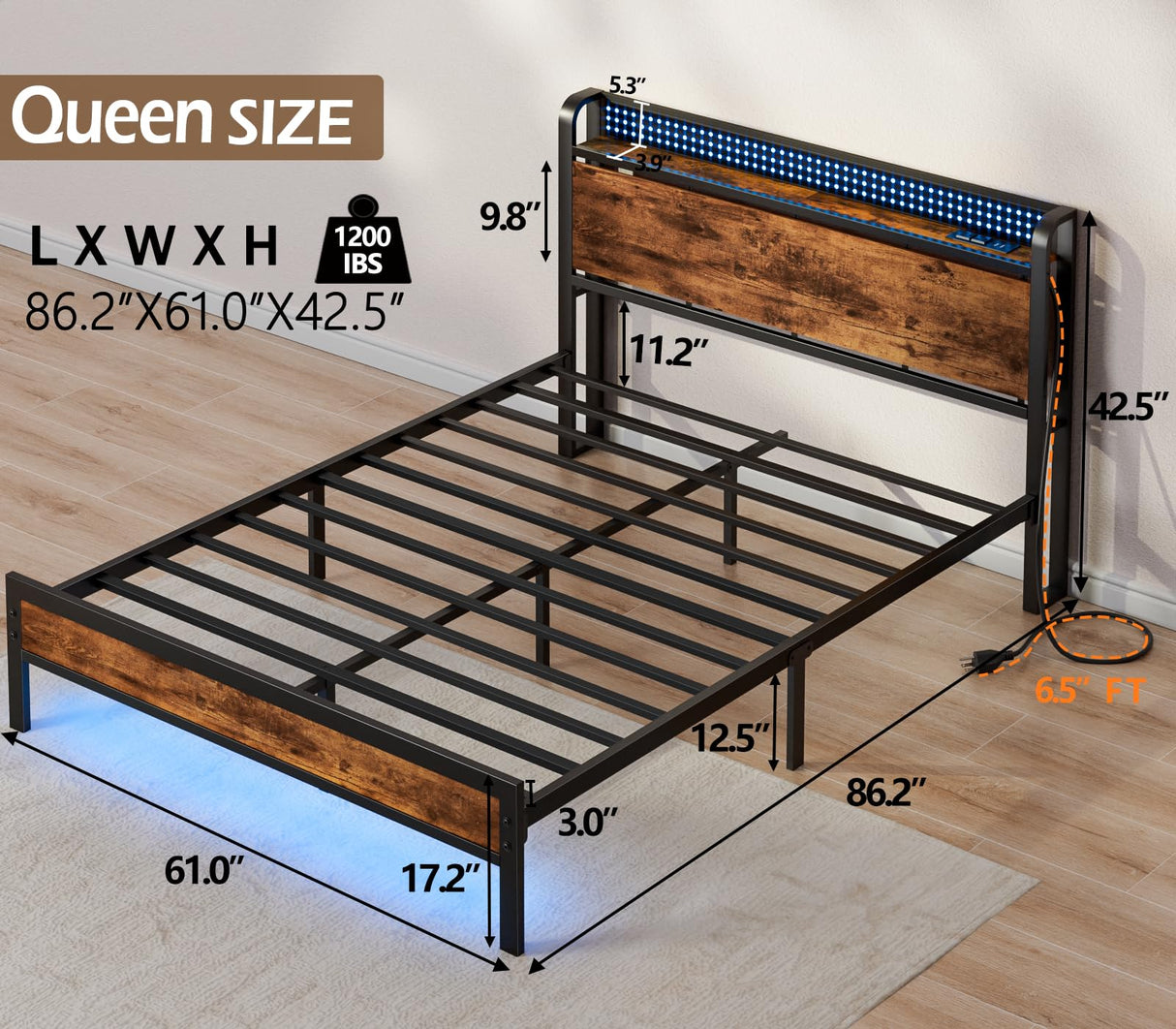 Furnulem Rustic Queen Platform Bed Frame with RGB LED Lights & Integrated Storage Headboard Furnulem