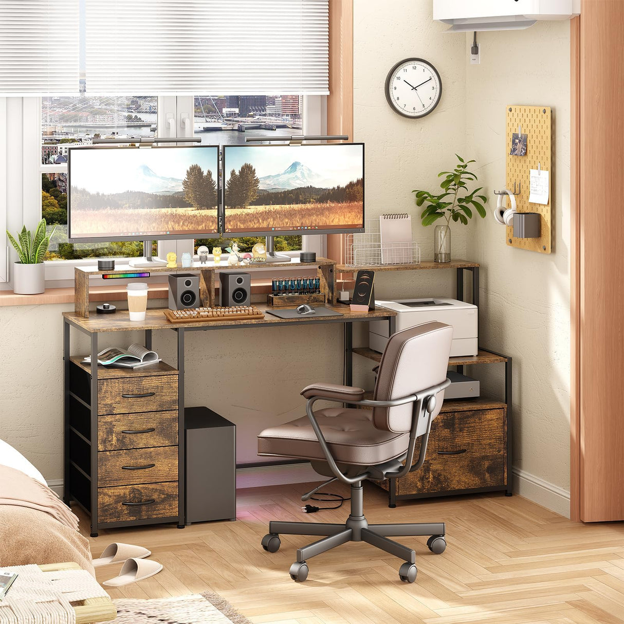 EDWINENE Computer Desk with Drawers, 67 Inch Office Desk with Storage and Power Outlet, Work Table for Home Office, Gaming Desk with Led Lights, Rustic Brown EDWINENE