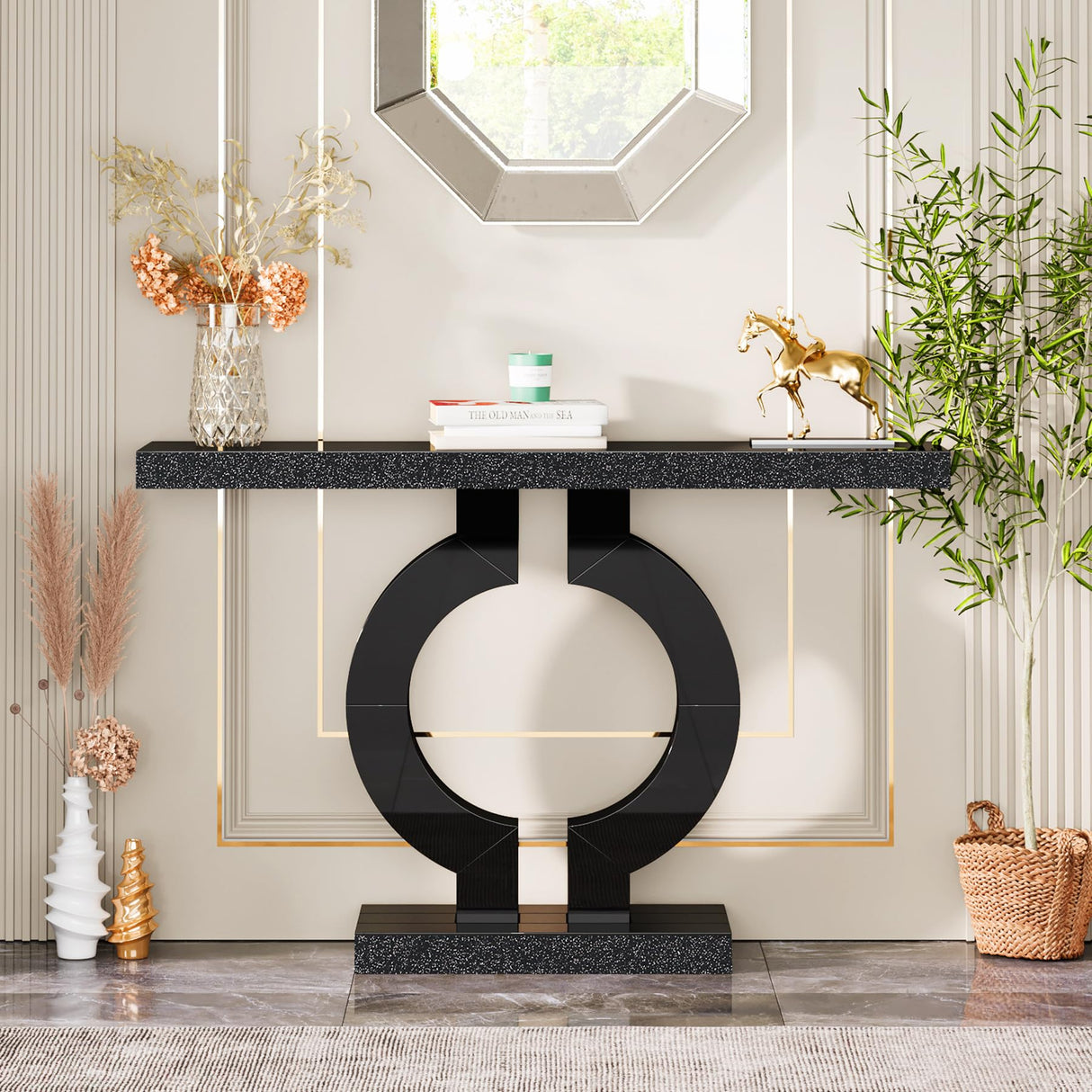 Tribesigns 43-Inch Mirrored Console Table with O-Shaped Base, Modern Entryway Table Glass Sofa Table with Mirror Finish, Rectangle Narrow Accent Foyer Table for Living Room Hallway Entrance (Black) Tribesigns