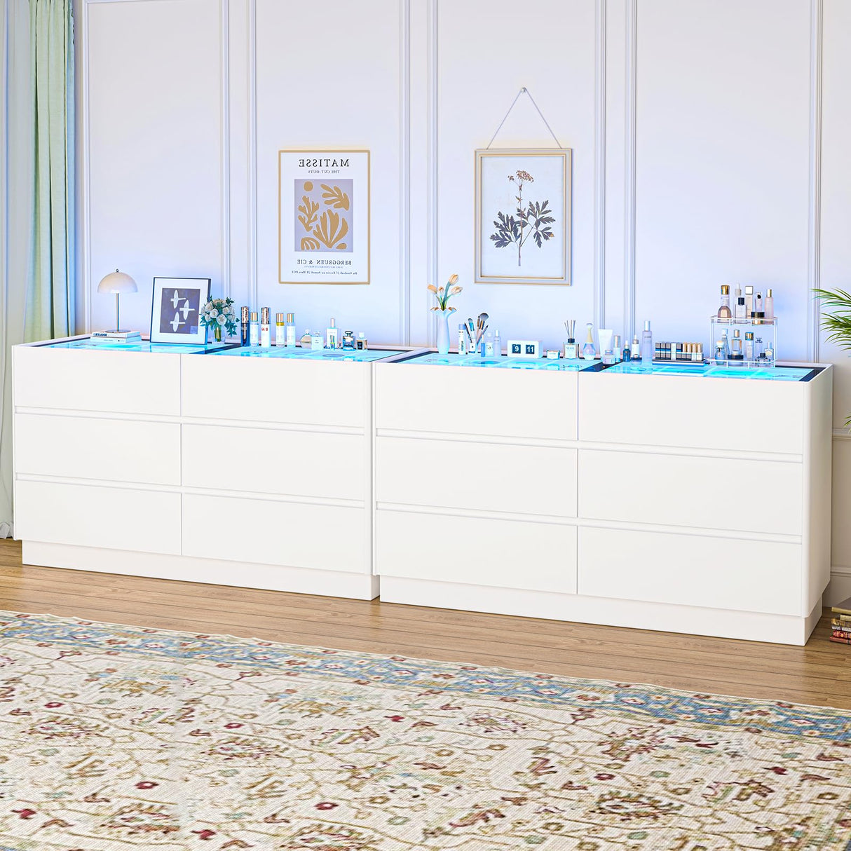 Alorksi 6 Drawer Dresser for Bedroom with Tempered Glass Top, Wide Modern Dresser Organizer with LED Lights, Chest of Drawers for Living Room, Entryway, White Alorksi