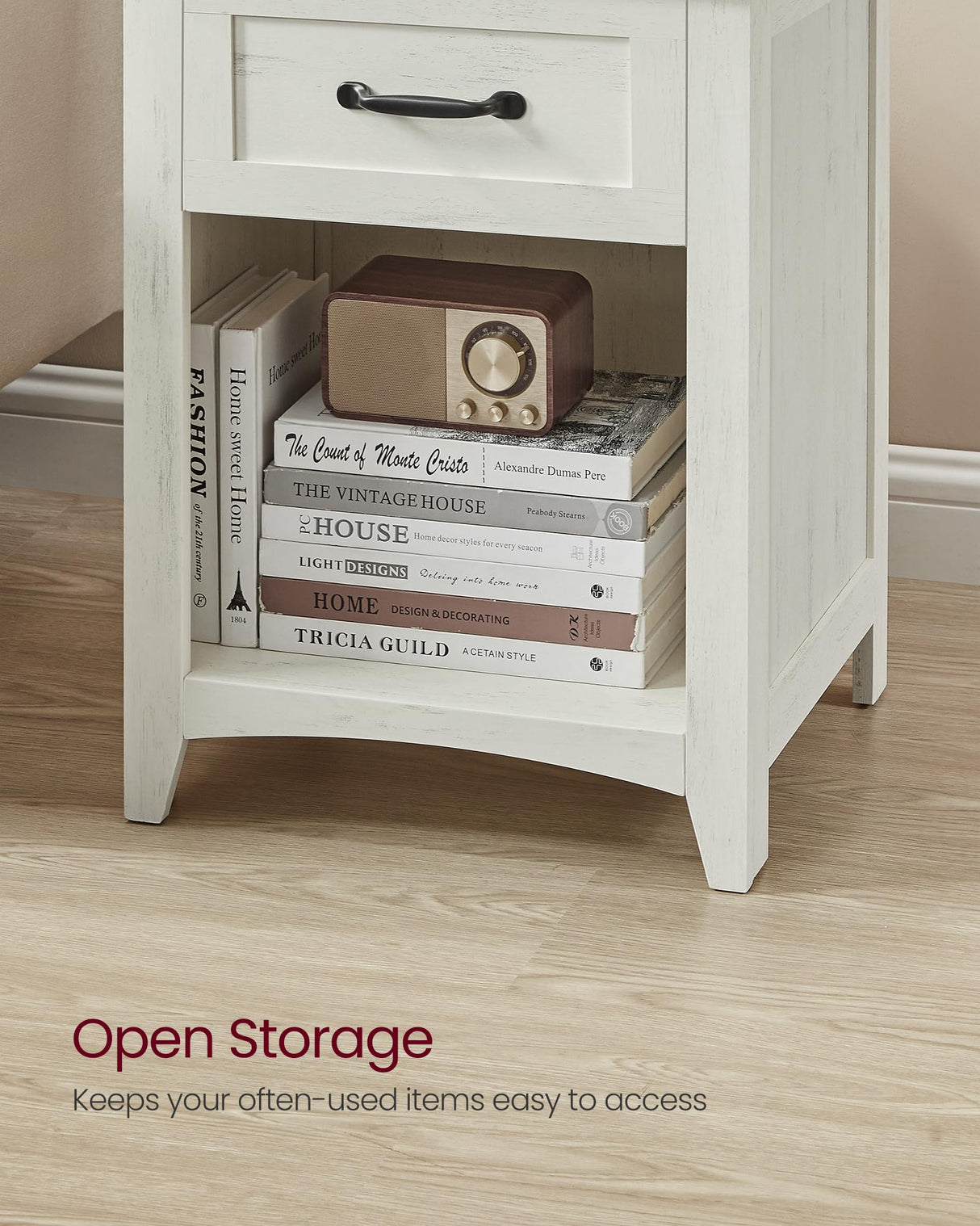 VASAGLE Farmhouse Nightstand with Charging Station, Bedside Table with Drawer, Open Compartment, Side Table with Storage, for Bedroom, Rustic White VASAGLE