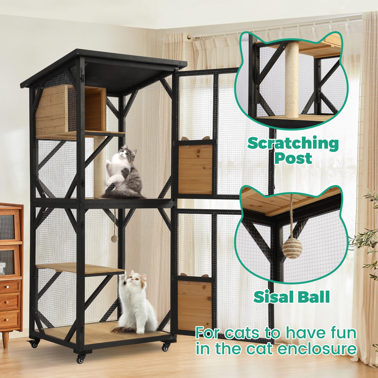 GIODIR 71" H Cat Catio Outdoor Cat Enclosure Window, 4 Tiers Cats Wooden House Cage on Wheels, Large Catios for Cats Indoor Patio with Waterproof Roof, Removable Floor and Scratching Post(Black) GIODIR