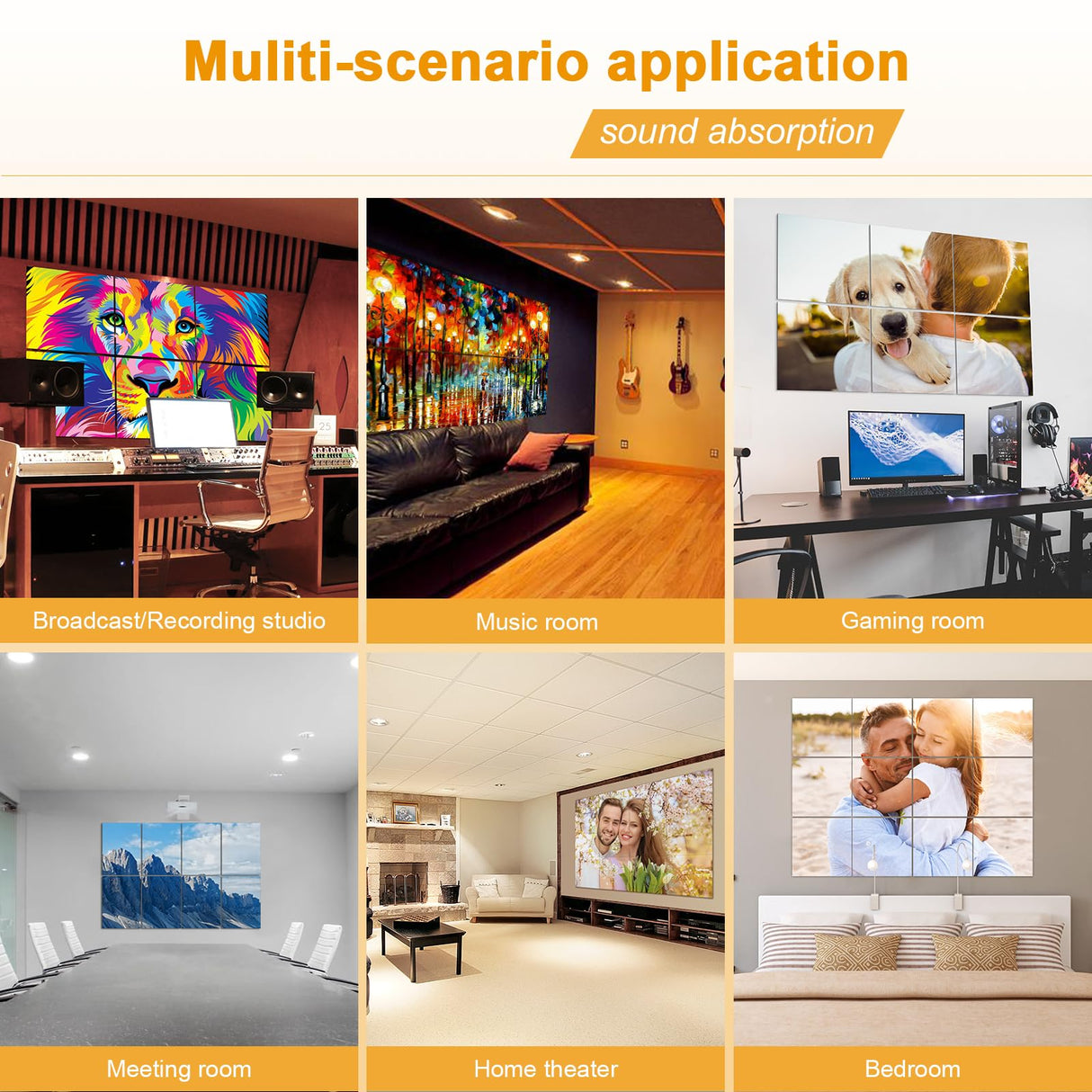 MecTo Customized Soundproof Panels, Personalized Acoustic Sound Absorbing Wall Art, 6 Pack Self-Adhesive Decorative Acoustic Panels for Walls (72x48in, 6-Pack) MecTo