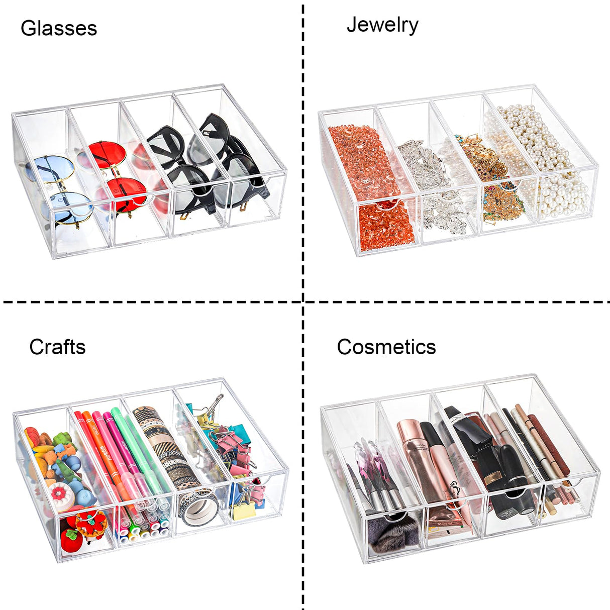 Nicunom 2 Pack Sunglasses Organizer Acrylic, Clear Eyeglasses Case with 4 Drawers, Eyewear Storage Display Case, Stackable Eyeglasses Holder for Women & Men Eyewear Nicunom