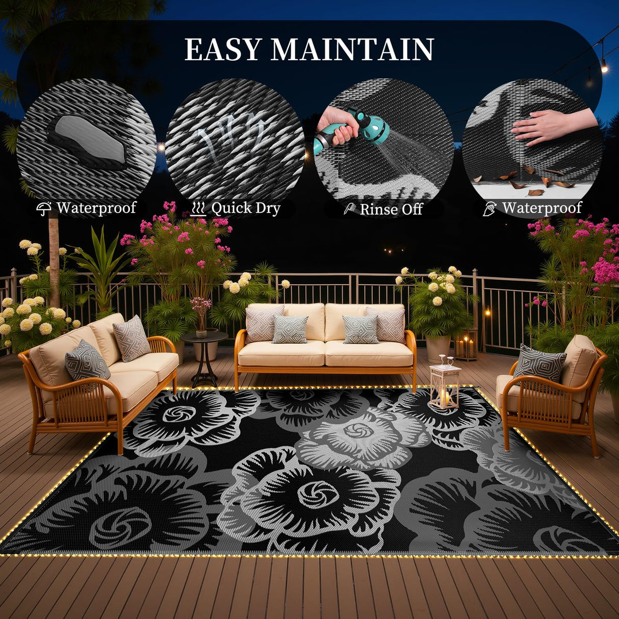 MontVoo Outdoor Rug with Led String Strip Lights 6x9ft Waterproof Outdoor Patio Rug Mat Reversible Plastic Straw Rug Outside Outdoor Rug for RV Camping Picnic Balcony Backyard Fairy Outdoor Decor MontVoo