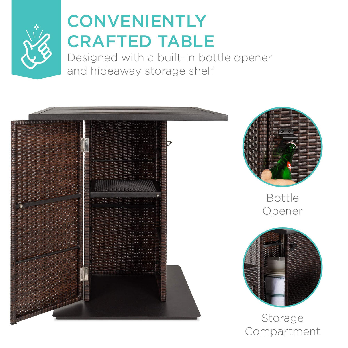 Best Choice Products 5-Piece Outdoor Wicker Bar Table Set for Patio, Poolside, Backyard w/Built-in Bottle Opener, Hidden Storage Shelf, Metal Tabletop, 4 Stools - Brown Best Choice Products
