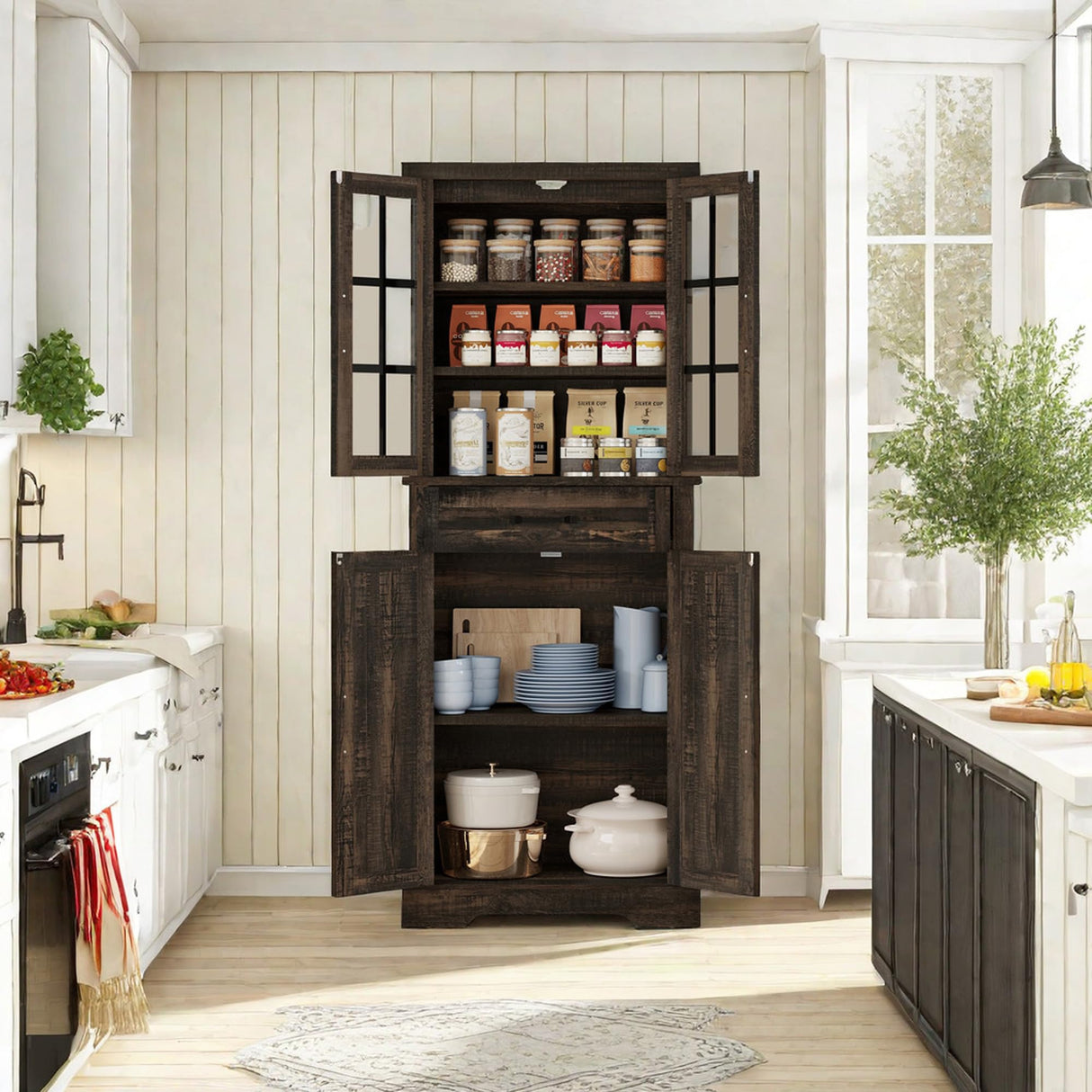 YITAHOME 71" Farmhouse Storage Cabinet, Kitchen Pantry, Wooden, Hutch, Tall Cabinet with 1 Drawers, 5 Storage Shelves, Freestanding for Living Room, Kitchen with 2 Doors Rustic Dark Brown YITAHOME