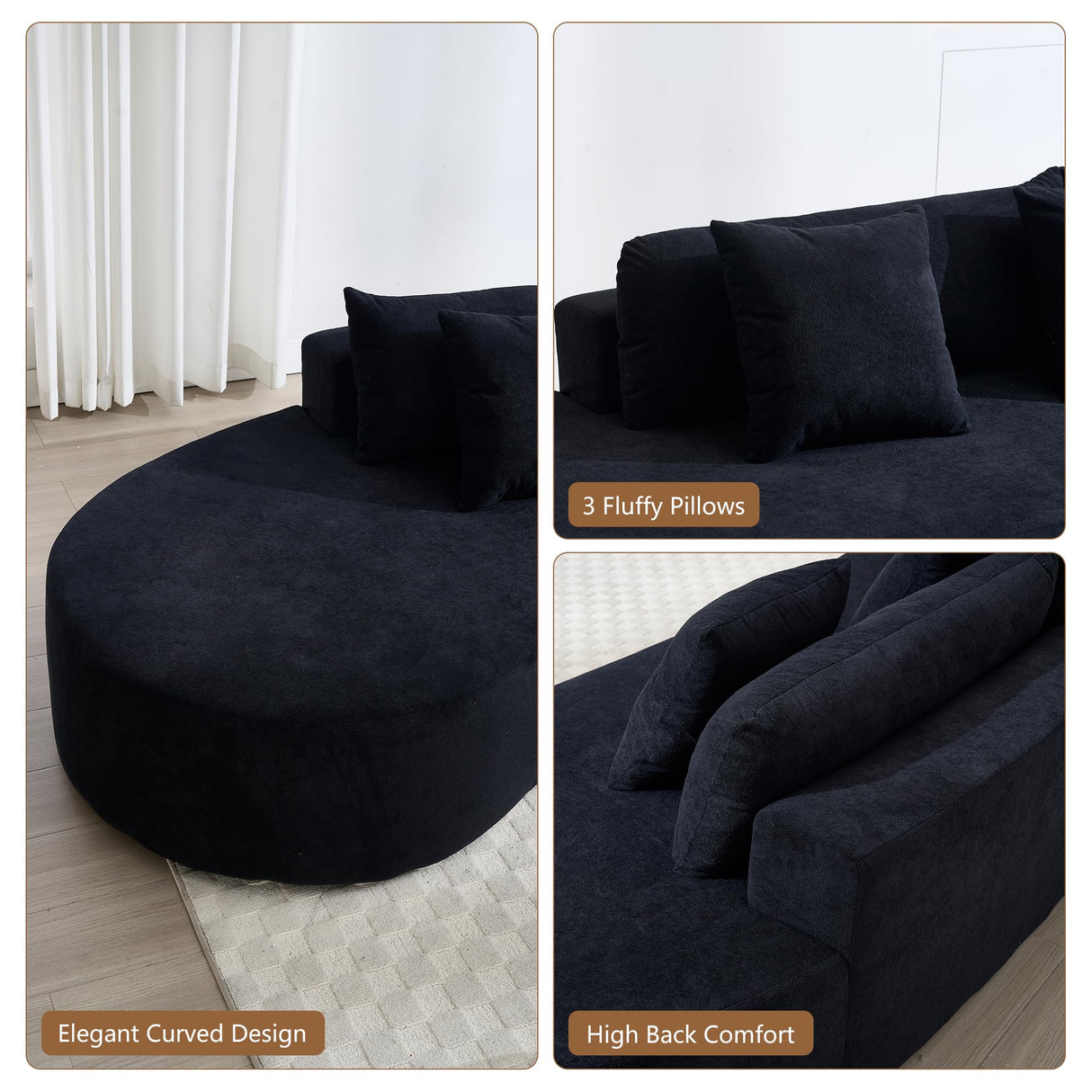 GNIXUU 130.5" Oversized Curved Sectional Sofa for Living Room, Modern Luxury TerryCloth Boneless 4 Seater Cloud Couch with Half Moon Design & 3 Pillows, Modular Memory Foam Couches, No Assembly, Black GNIXUU