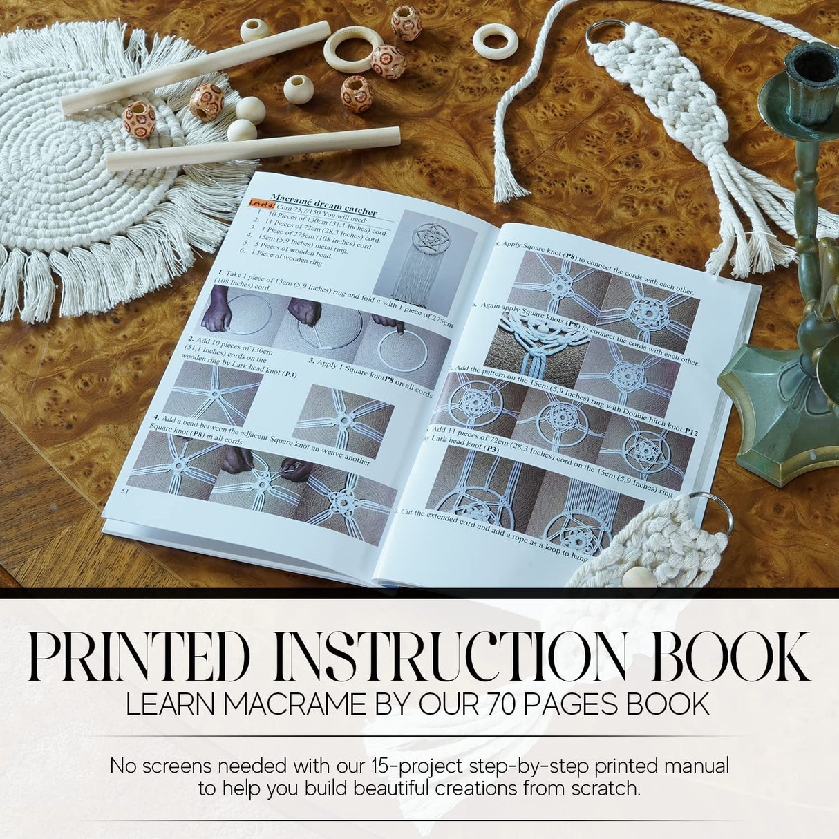 CULETCRAFT Macrame Kit for Beginners 153pc, 15 Projects Book, 164yd Cotton Macrame Cord, Wooden Beads & Sticks, Wooden & Metal Rings, Gift Box, Book & Accessories, Perfect Macrame Starter Kit CULETCRAFT