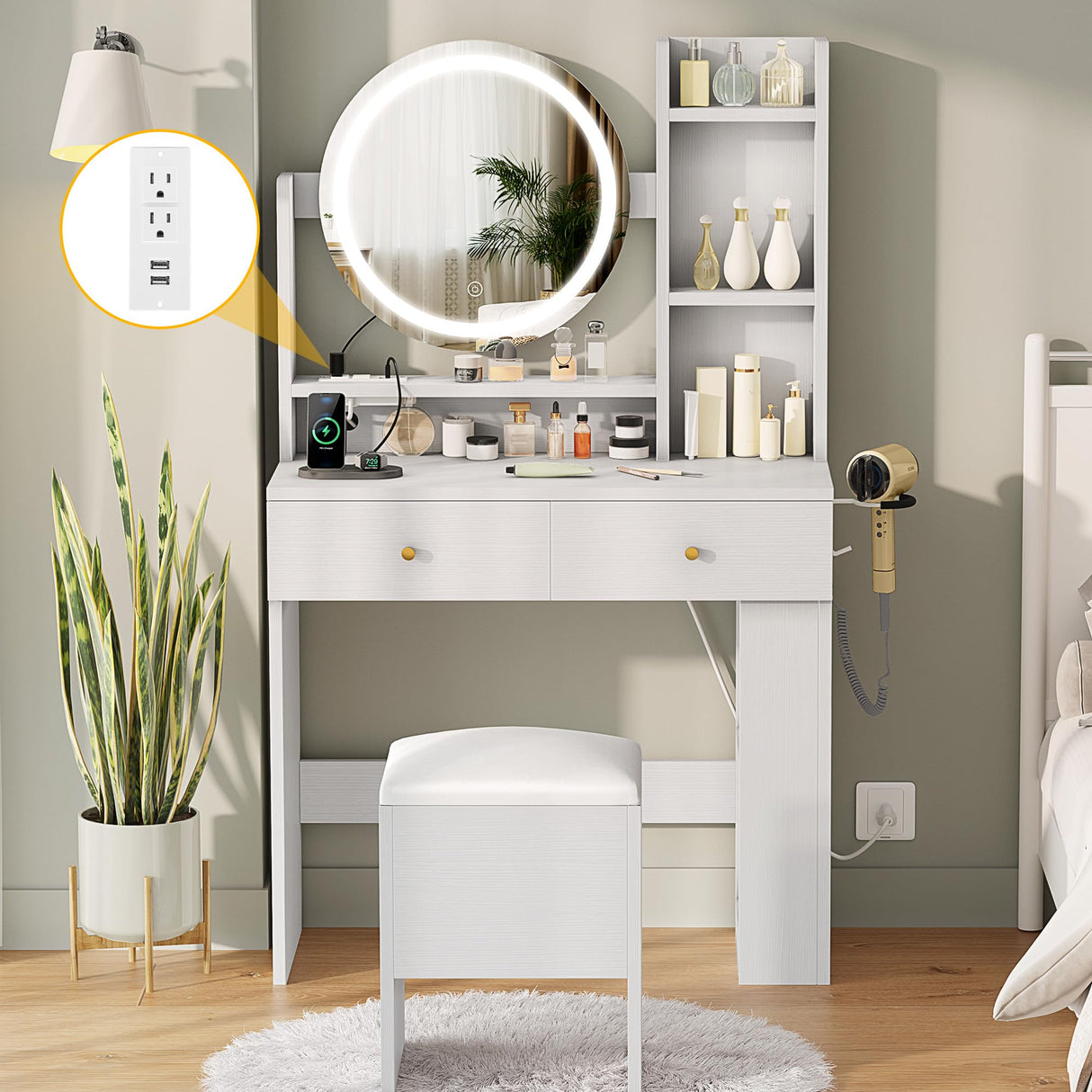 DWVO Makeup Vanity Desk with LED Lighted Mirror, White Vanity Set with Charger Station, Small Spaces Vanity Table, Adjustable 3 Lighting Modes, Makeup Table with Chair for Girl, 31.5in(L), Upgraded DWVO