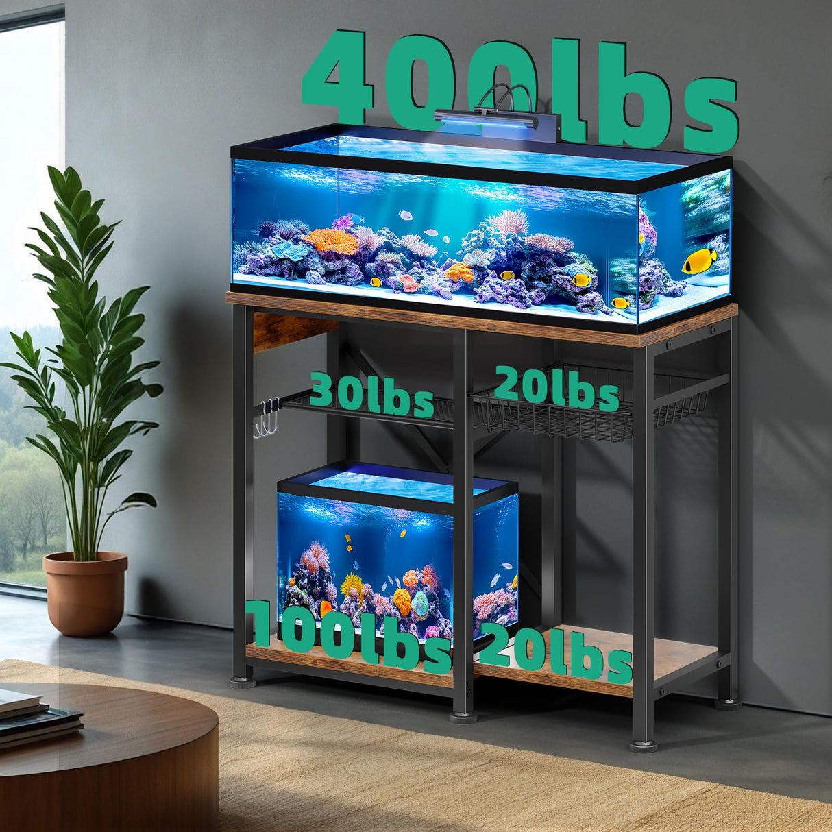 20-29 Gallon Aquarium Stand with 6 ft Power Strip, 5-Tier Metal Frame Fish Tank Stand 20 Gallon Fish Tank Stand 31.5" L*15.75" W Tabletop 400lbs Capacity (Vintage Brown, 20-29 Gallon) Kalrin