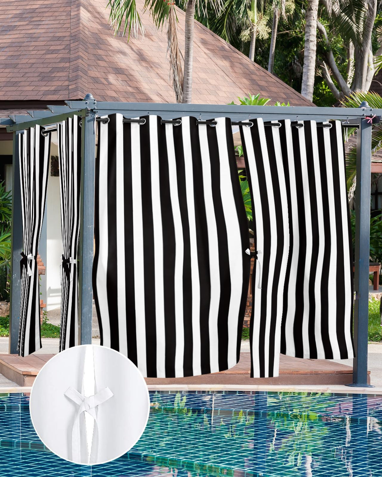 Outdoor Curtains for Patio Waterproof Black and White Stripe Indoor/Outdoor Curtain Tiebacks Simple Style Privacy Curtain Sun Blocking Grommet Drapes for Pergolas Gazebo Porch Balcony 2 Panel 54x108 Home L6