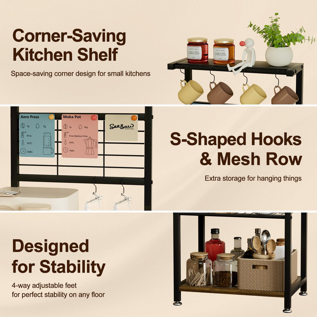 BUTUNITA Coffee Bar Station with 5 Tiers - Small Coffe Bar Kitchen Shelf with 4 S-Shaped Hooks - Corner Storage Baker's Rack for Small Spaces, Entryways, and Living Rooms BUTUNITA