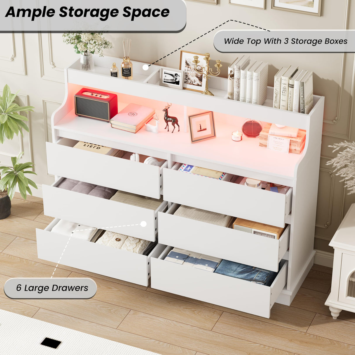 White Dresser for Bedroom, 6 Drawer Dresser with LED Lights and Charging Station, Wide Chest of 6 Drawers with Open Space, Modern Large Capacity Storage Cabinet, Living Room, Hallway GarveeHome