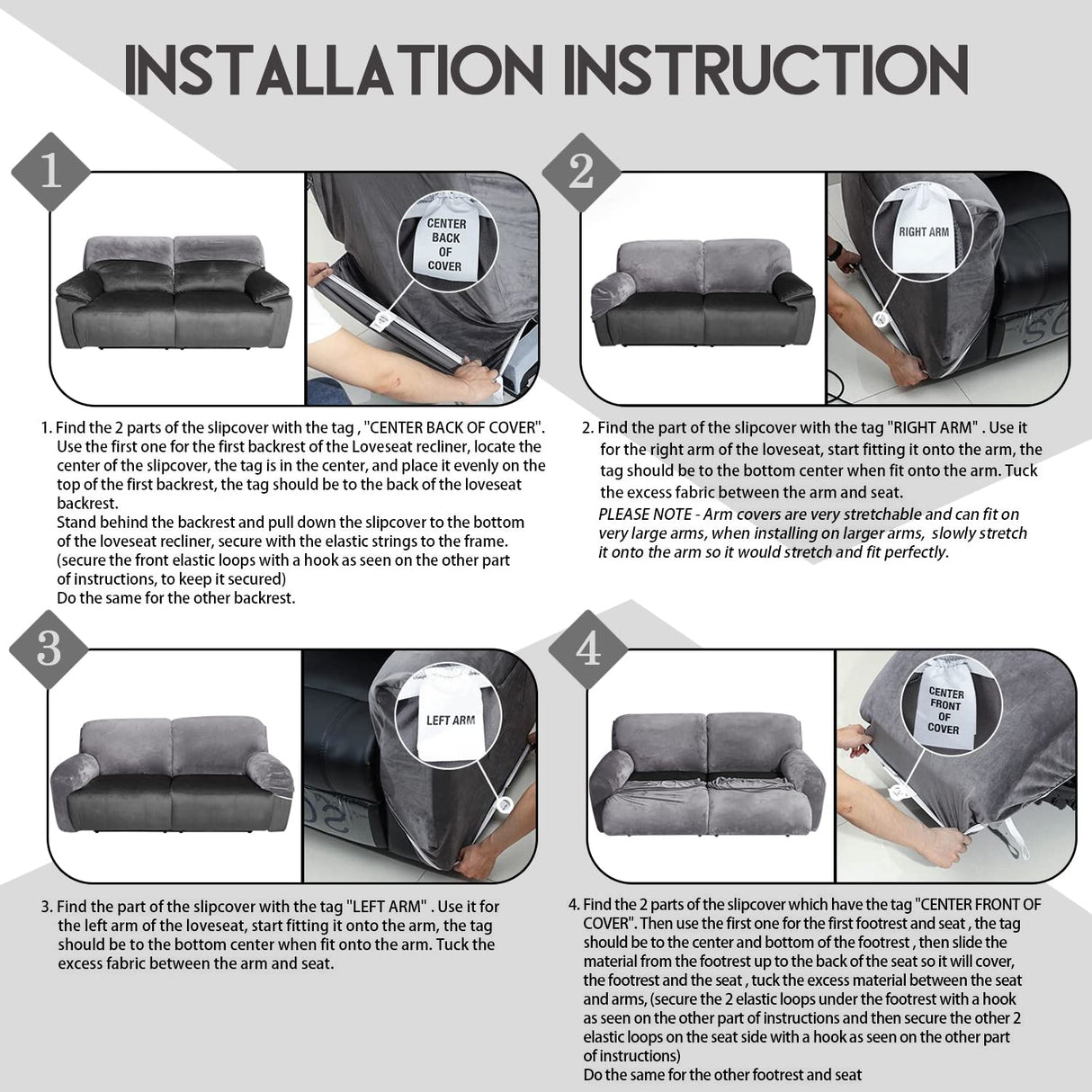 ULTICOR Extra Wide 75-100" 2 Seater Reclining Sofa Slipcover, Velvet Stretch 6-Piece, Soft Washable (Dark Grey) ULTICOR