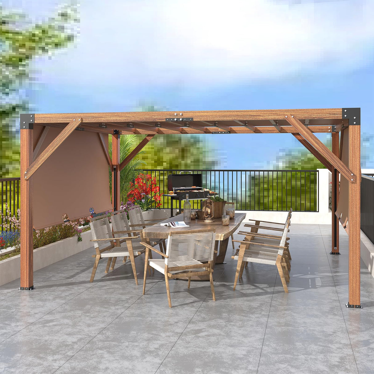 12'X 14' Cedar Wood Pergola, Wood Patio Pergola with Retractable Shade Canopy, Rot Resistant, Durable, for Backyard, Garden, Deck, Outdoor Entertaining Amenitlif