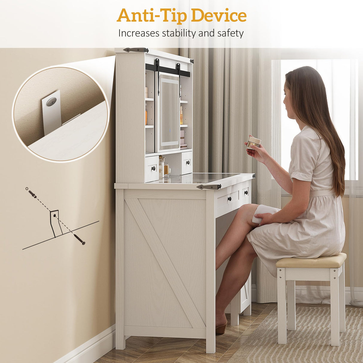 HOMCOM Farmhouse Vanity Desk with Mirror, Rustic Makeup Vanity Table with LED Lights, Cushioned Stool, 42 Inch Glass Tabletop, Drawers & Shelves & Cabinet, Dressing Table Set for Bedroom, White HOMCOM