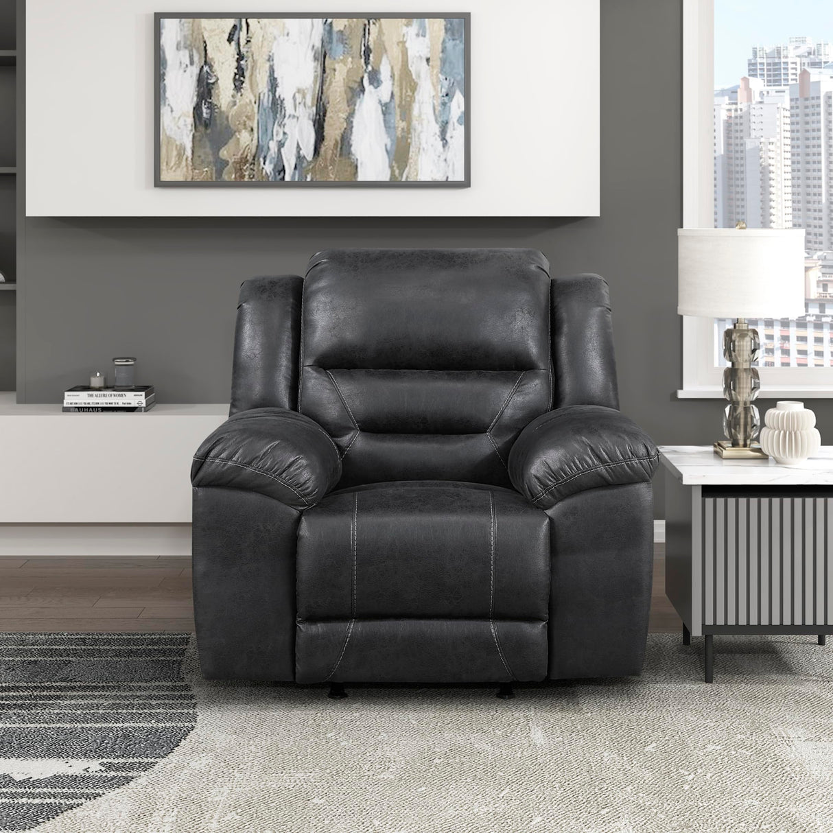 Lexicon Rocker Recliner Chair for Living Room, Wall Hugger Manual Recliner Chairs, Textured Microfiber Upholstered Rocking Reclining Chair, Home Theater Seating, Required Assembly, Black Lexicon