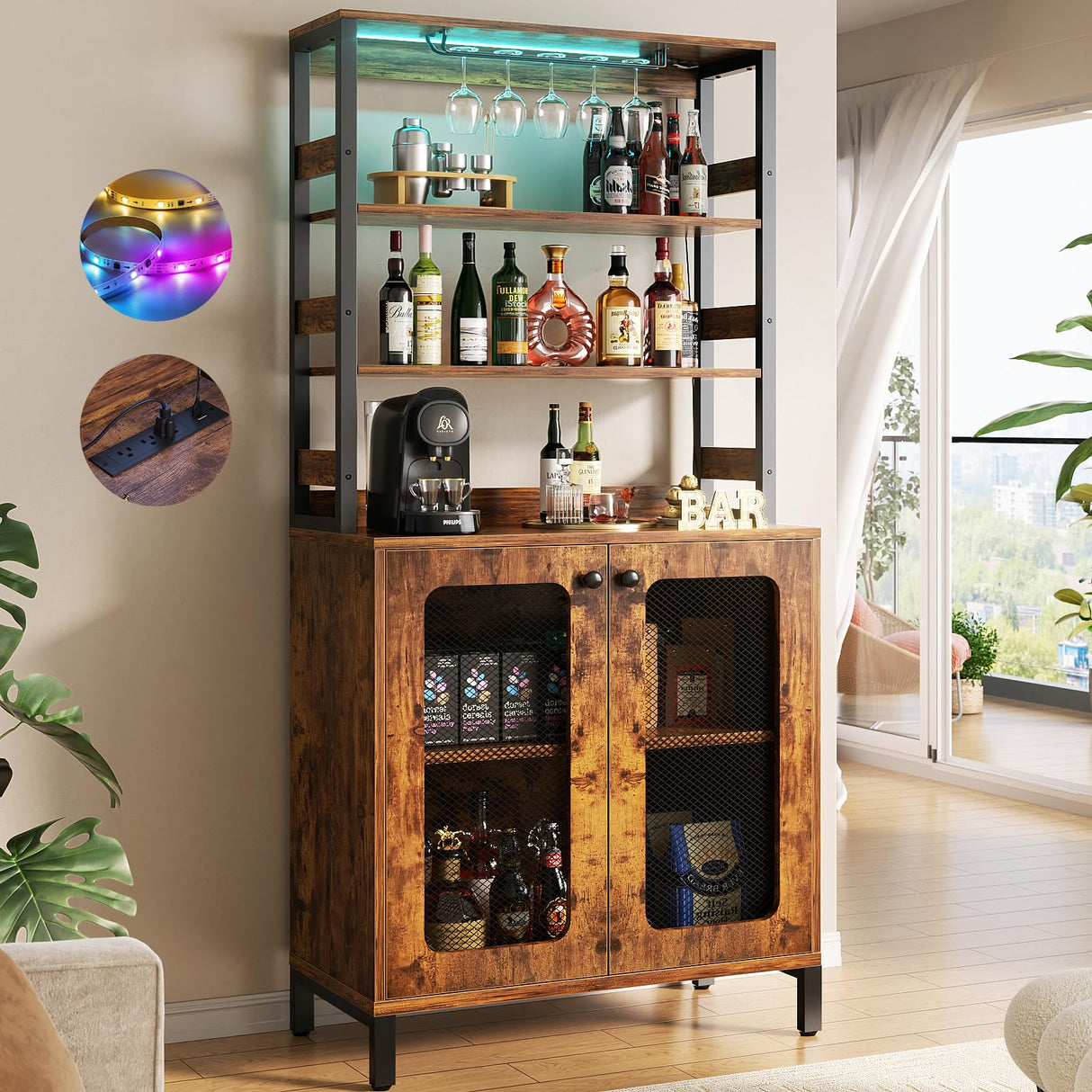 Aheaplus Bar Cabinet with Power Outlets, 67" Tall Wine Bar Cabinet Liquor Cabinet with LED Lights & Glass Holder, Coffee Bar Station for Living Room, Microwave Stand Bakers Rack Cabinet, Rustic Brown Aheaplus