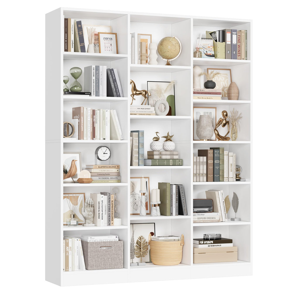 FACBOTALL Triple Wide Bookshelf, 6 Tier Large Bookshelf, Bookcase with 17 Open Display Shelves, 74'' Tall Bookcases and Bookshelves for Living Room, Home Office, Library, White FACBOTALL