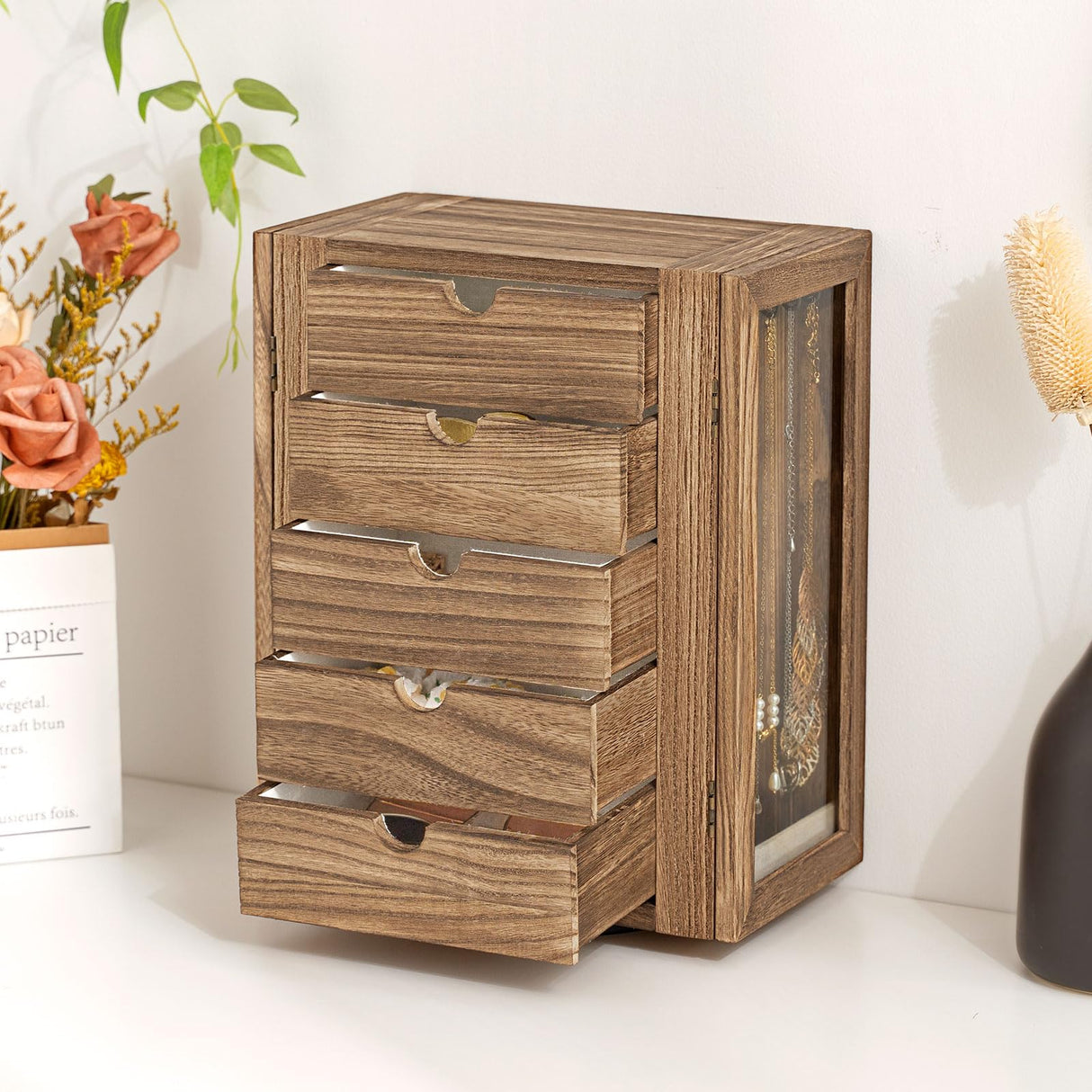 Emfogo 360° Rotating Jewelry Box for Women, Rustic Wooden Jewelry Organizer Box with 5 Drawers, Glass Doors, Vertical Open Design Jewelry Storage Case Display for Earrings Rings Necklaces Bracelets Emfogo