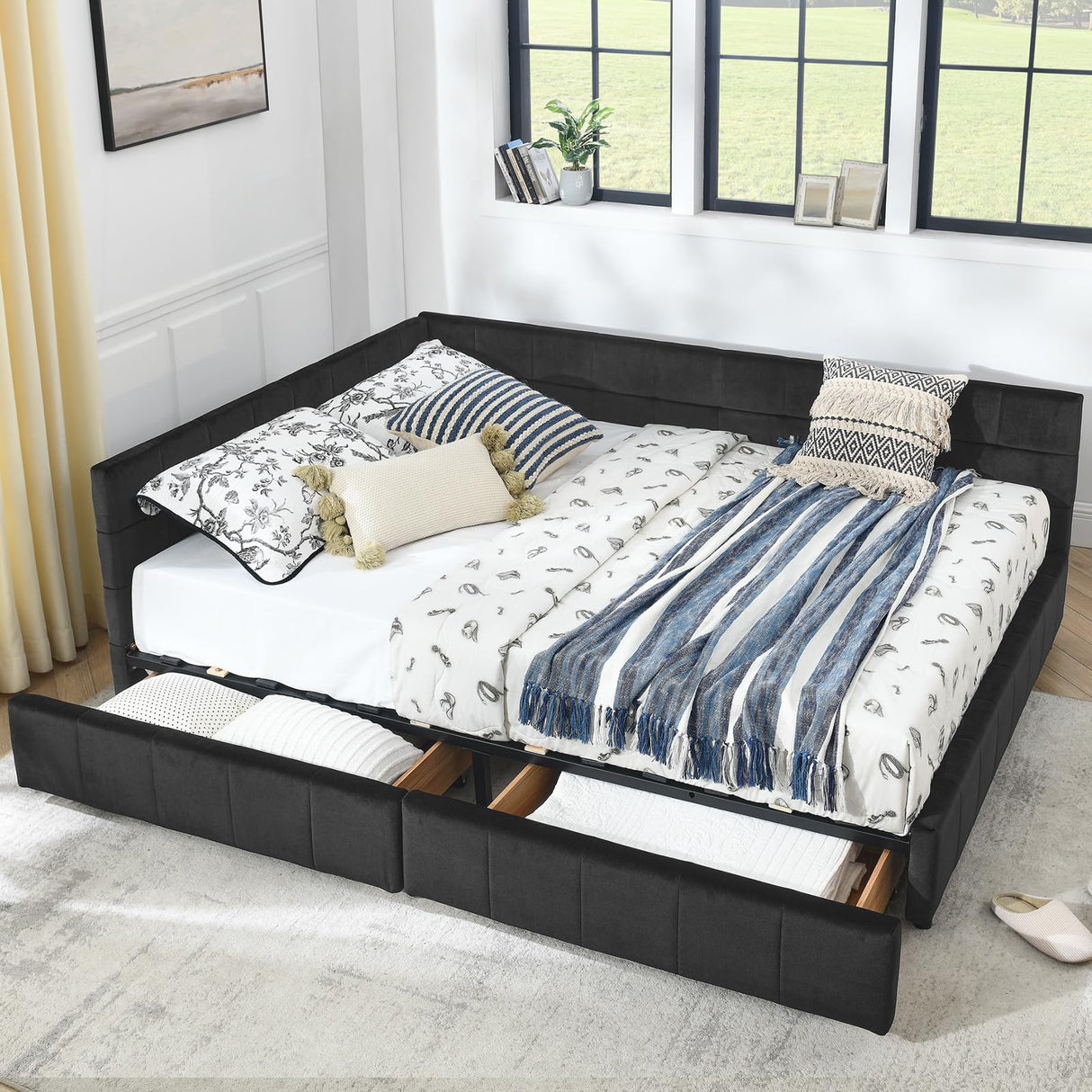 MWrouqfur Velvet Corner Bed Frame Full, Upholstered Corner Daybed with Drawers, Full Size Day Bed Frame with Storage, Classic Tufted Design, Reversible Left Or Right (Black, Queen) MWrouqfur