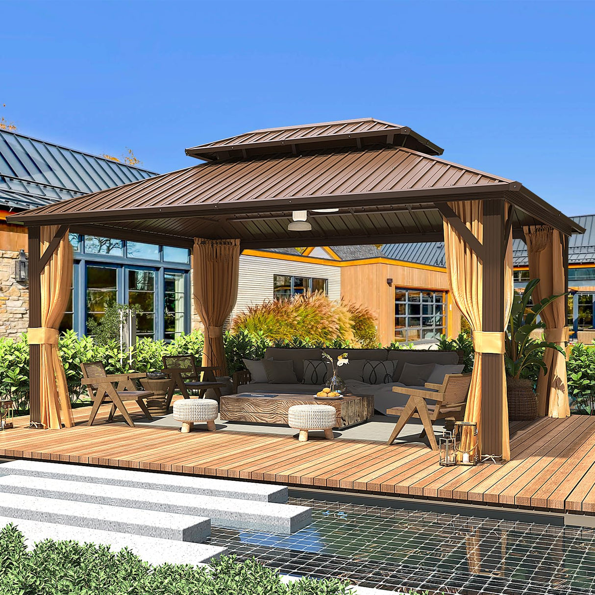 YOLENY 12' x 16' Hardtop Gazebo with Galvanized Steel Double Roof, Aluminum Pergolas Frame, Curtains and Netting Included, Metal Outdoor Gazebos for Garden, Patios, Lawns, Parties YOLENY