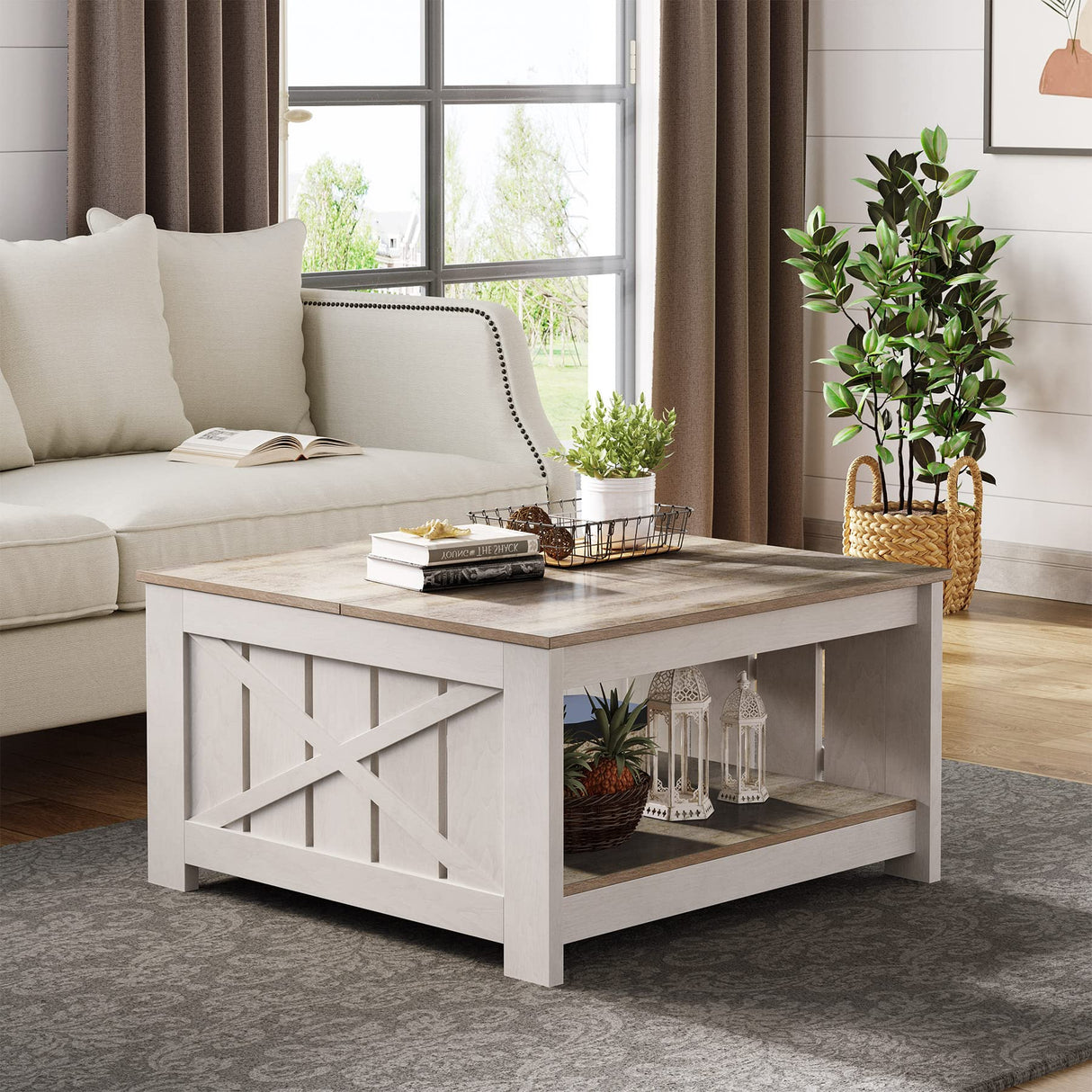 YITAHOME Coffee Table Farmhouse Coffee Table with Storage Rustic Wood Cocktail Table,Square Coffee Table for Living Meeting Room with Half Open Storage Compartment,Grey Wash YITAHOME